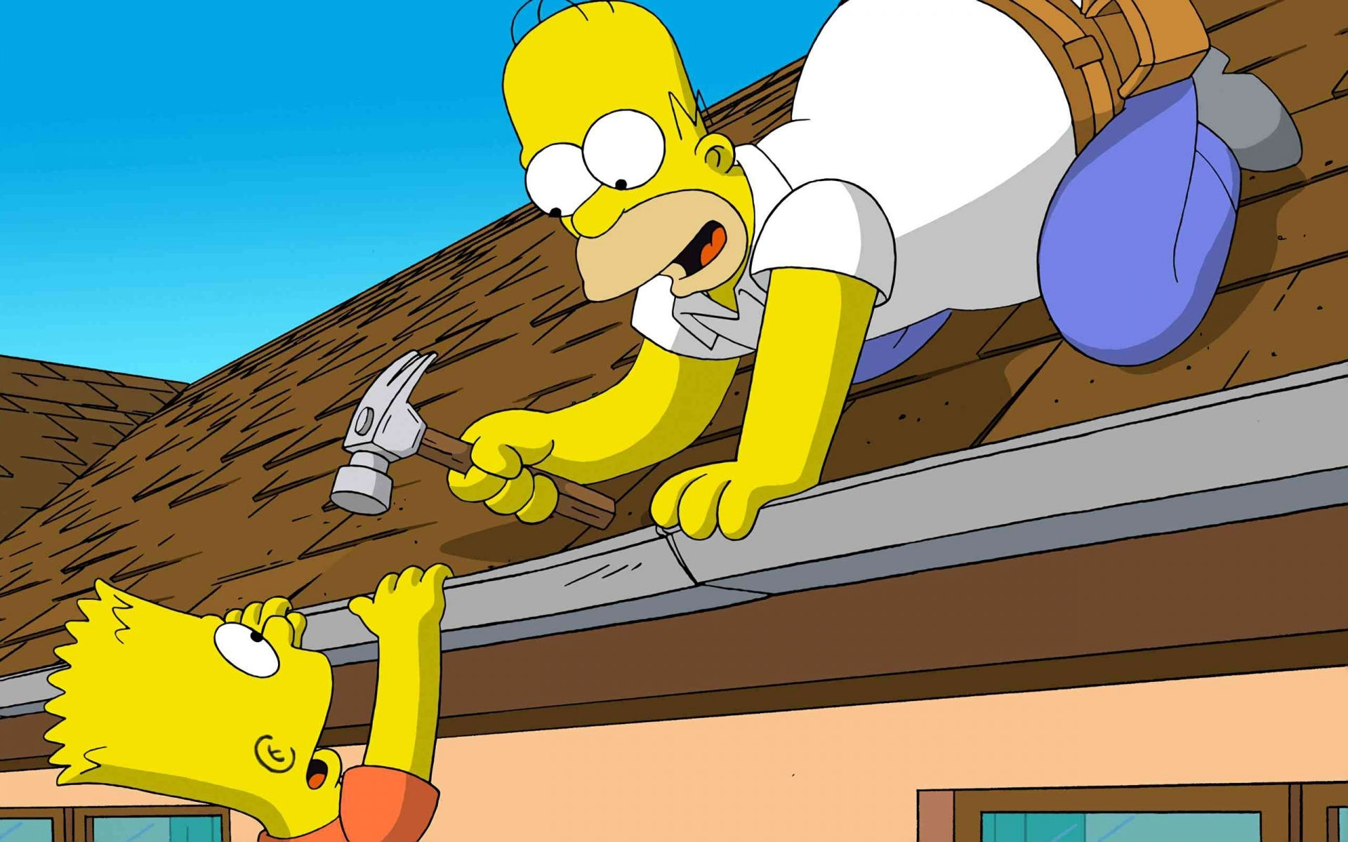 Homer and Bart Simpson on a roof HD Wallpaper
