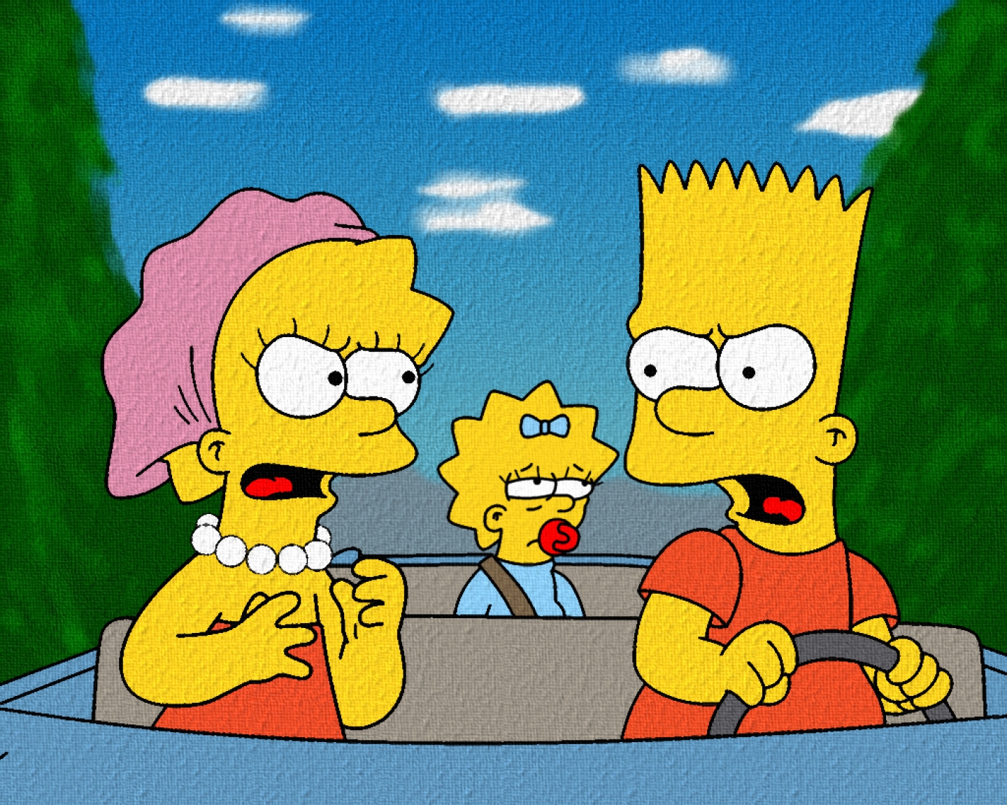 The Simpsons: Bart, Marge, and Maggie in a car HD Wallpaper