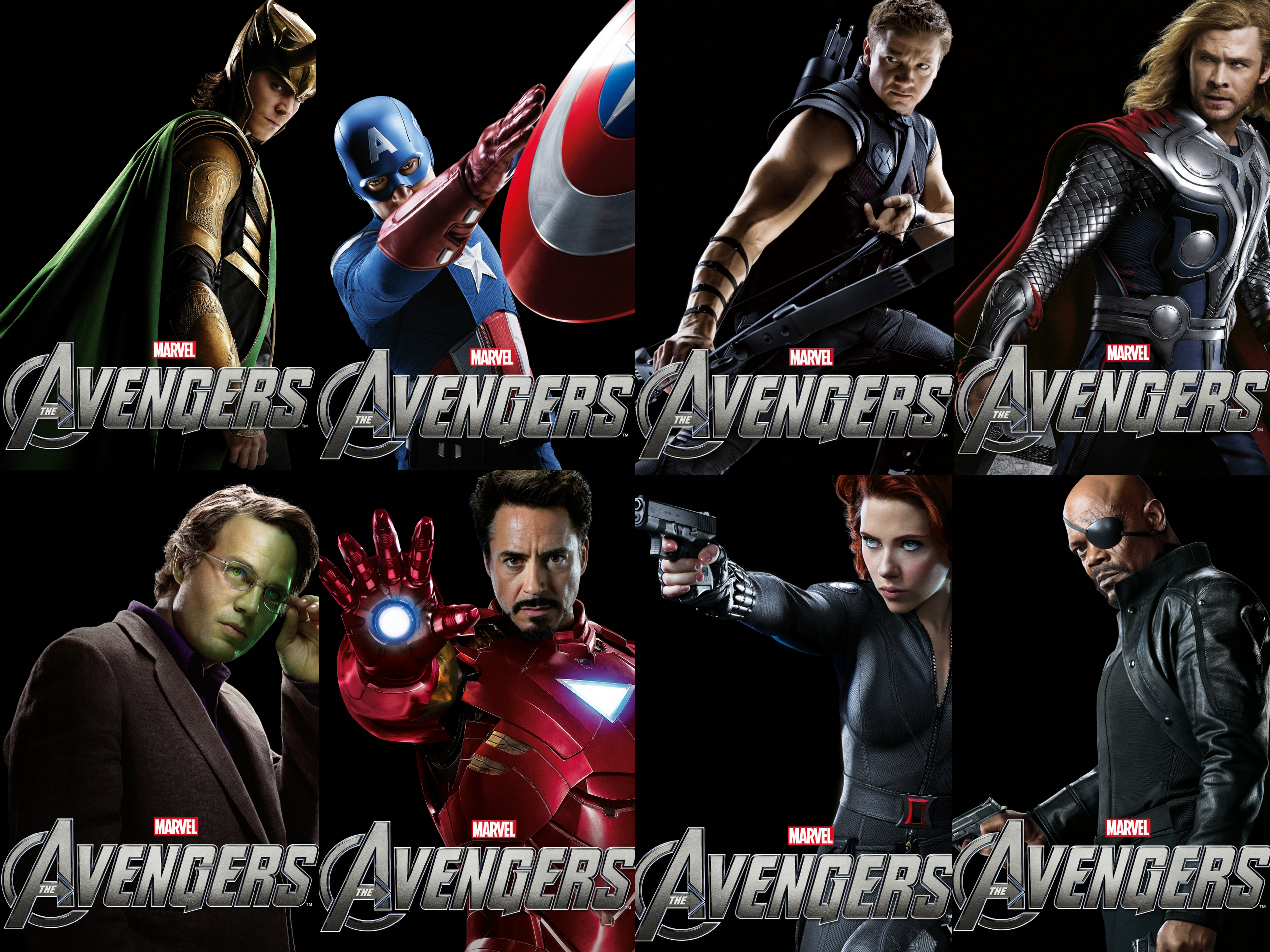 The Avengers characters Loki, Captain America, Hawkeye, Thor, Hulk, Iron Man, Black Widow, and Nick Fury HD Wallpaper