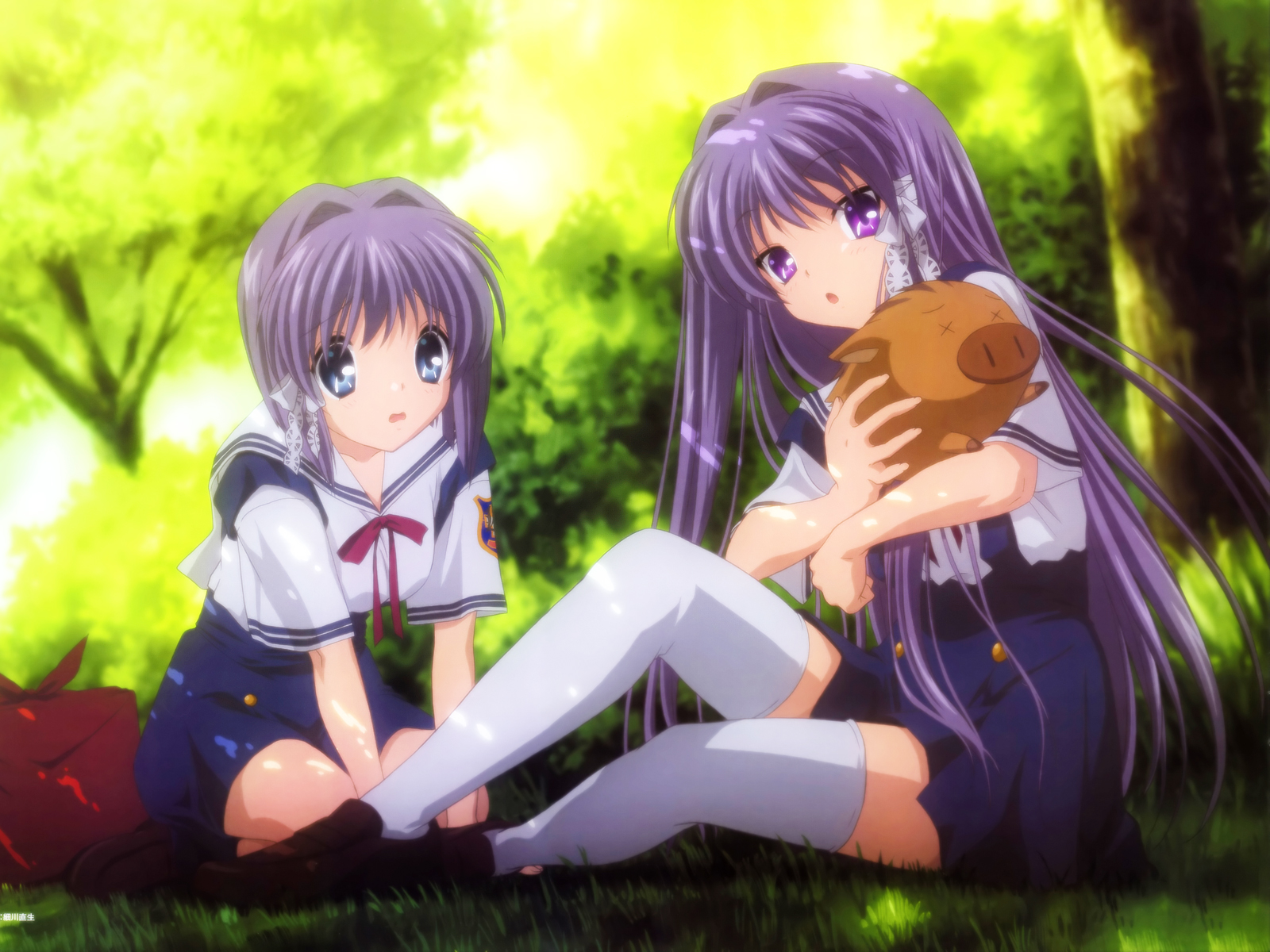 Ryou Fujibayashi from Clannad holding a stuffed boar HD Wallpaper