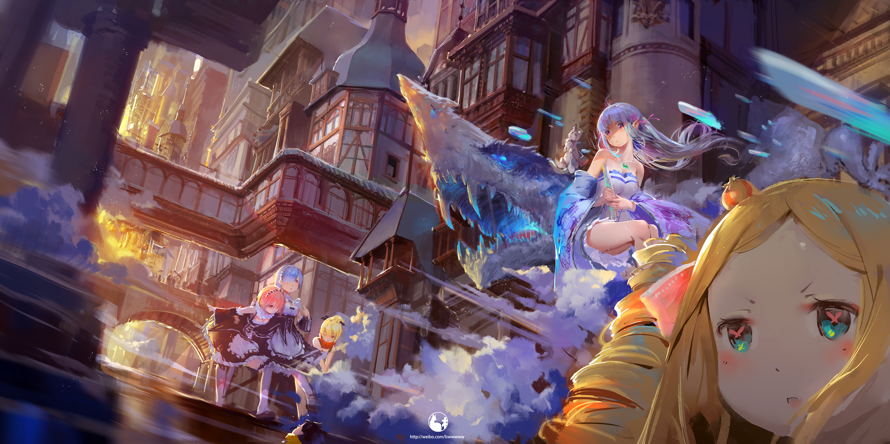 Beatrice from Re:ZERO and a dragon in a fantasy city HD Wallpaper
