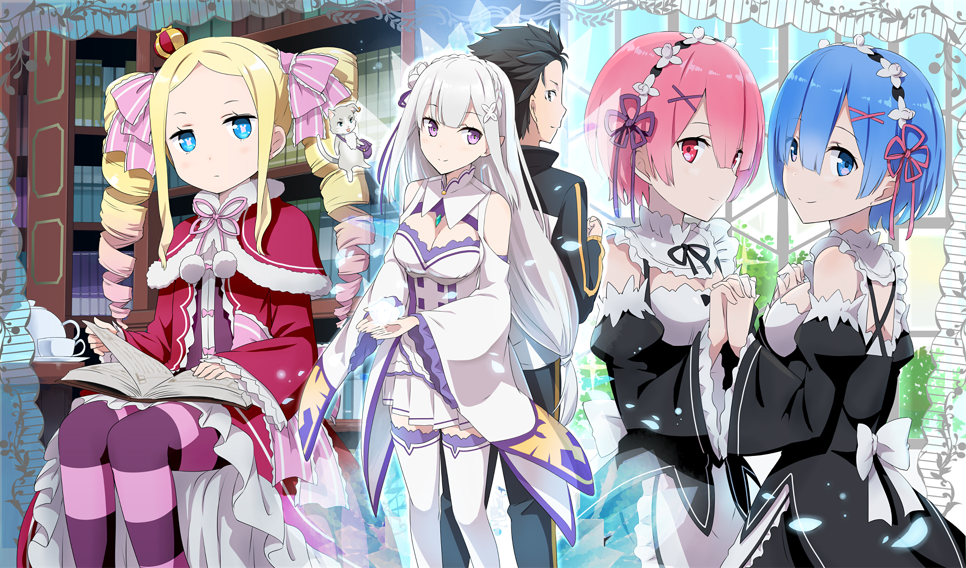 Beatrice, Emilia, Subaru, Ram, and Rem from Re:ZERO HD Wallpaper
