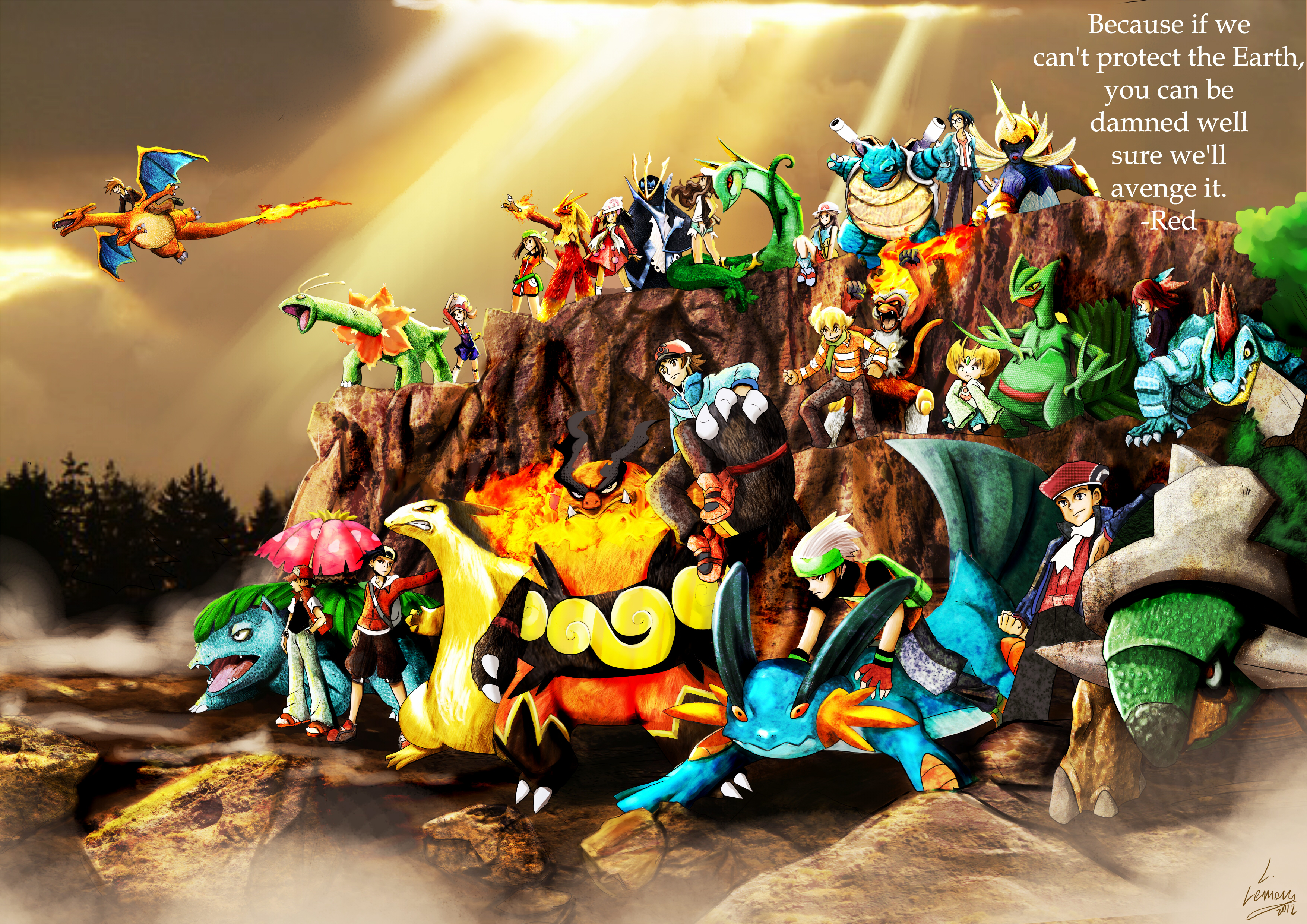 Pokémon trainers and Pokémon on a rocky cliff HD Wallpaper