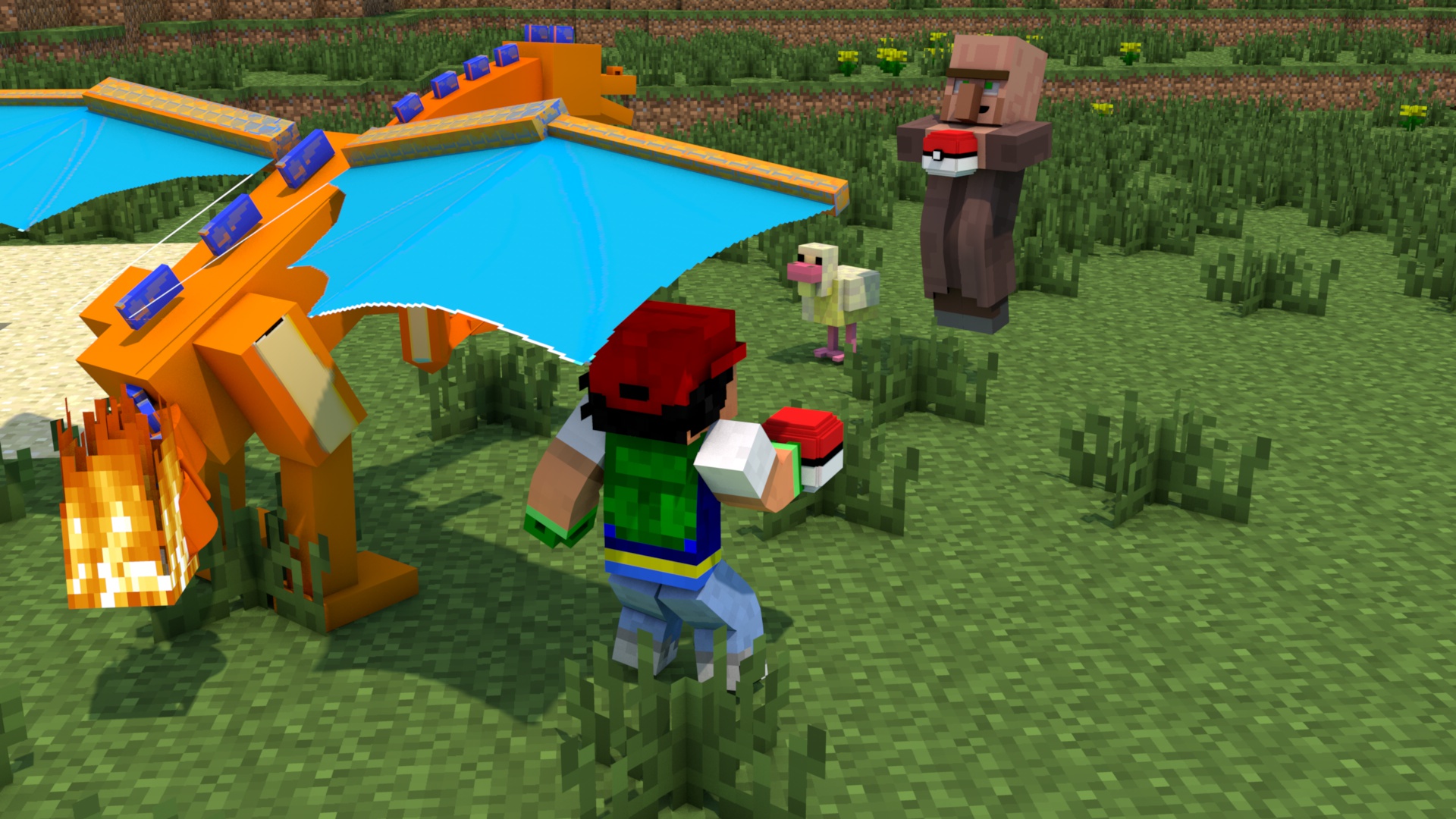 Ash Ketchum and Charizard in Minecraft HD Wallpaper