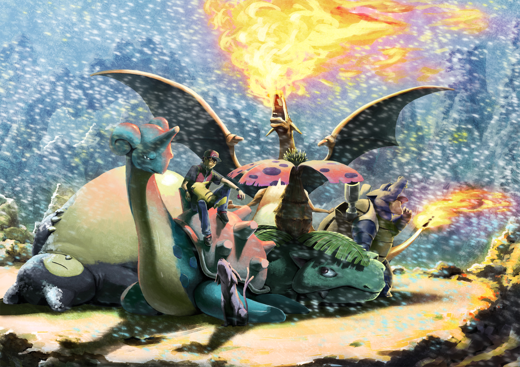 Pokémon trainers with Charizard, Lapras, Snorlax, Venusaur, and Blastoise HD Wallpaper