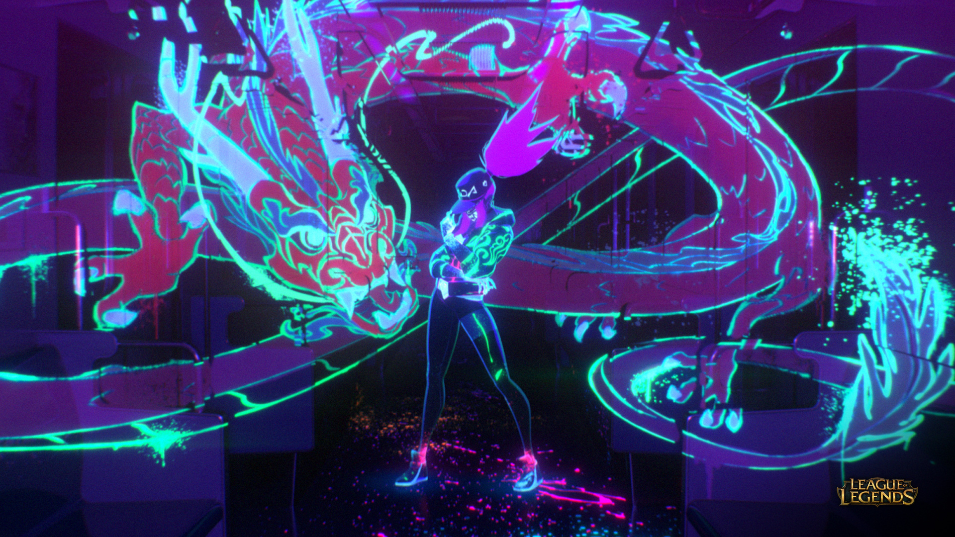 Akali from League of Legends with Dragon Mural HD Wallpaper