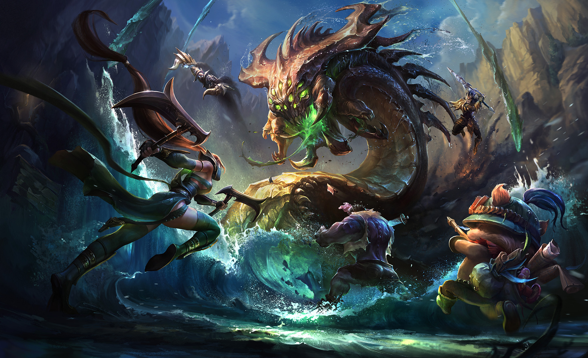 League of Legends characters fighting a sea monster HD Wallpaper
