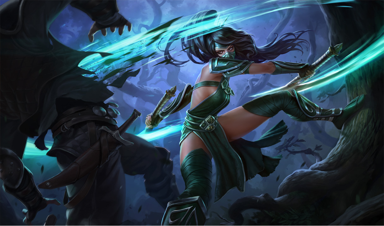 Akali from League of Legends fighting in a forest HD Wallpaper