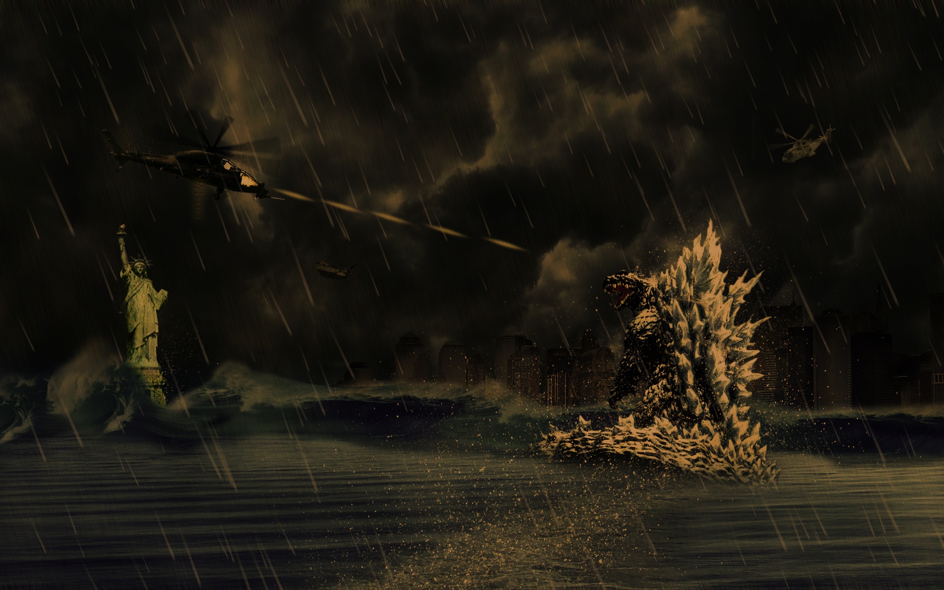 Godzilla attacking New York City during a storm HD Wallpaper