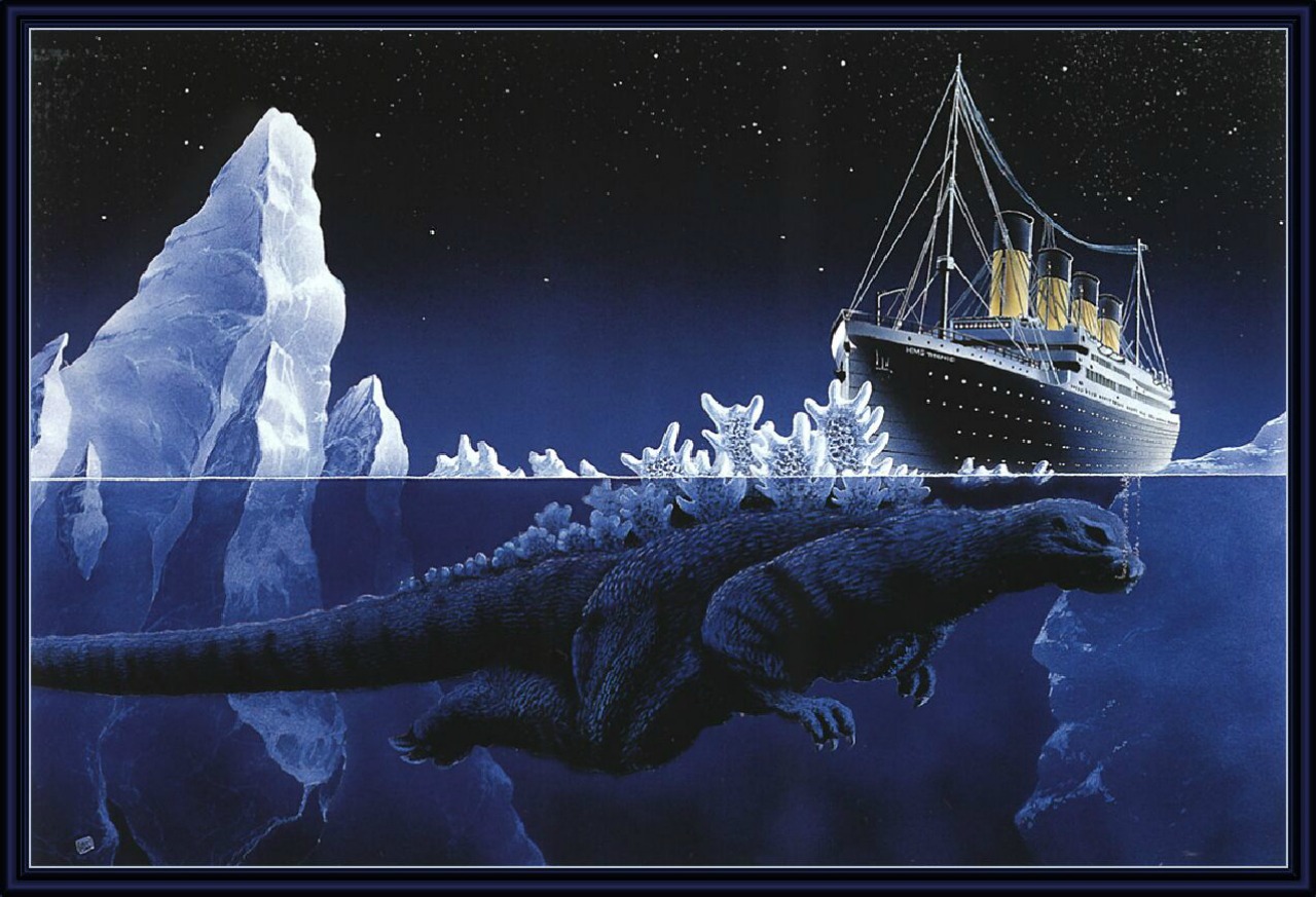 Godzilla and Titanic near icebergs HD Wallpaper