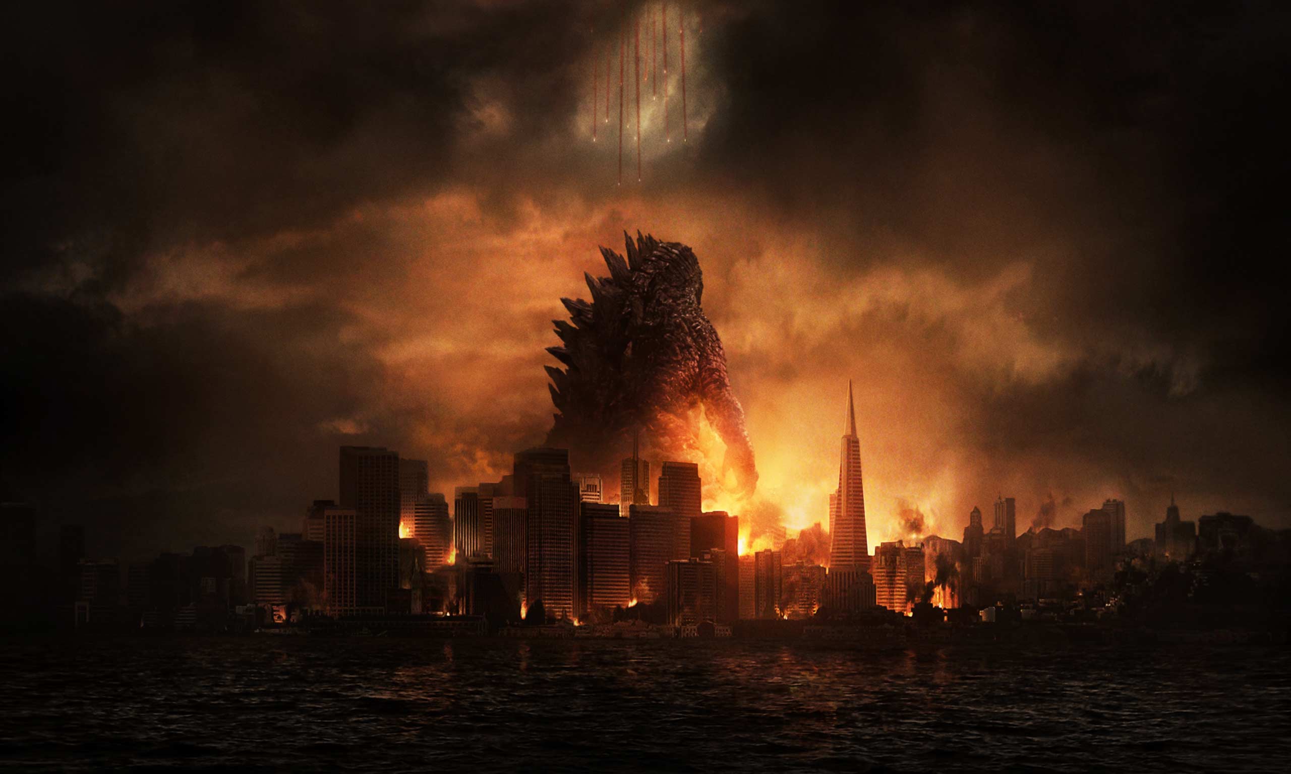 Godzilla in a burning city HD Wallpaper
