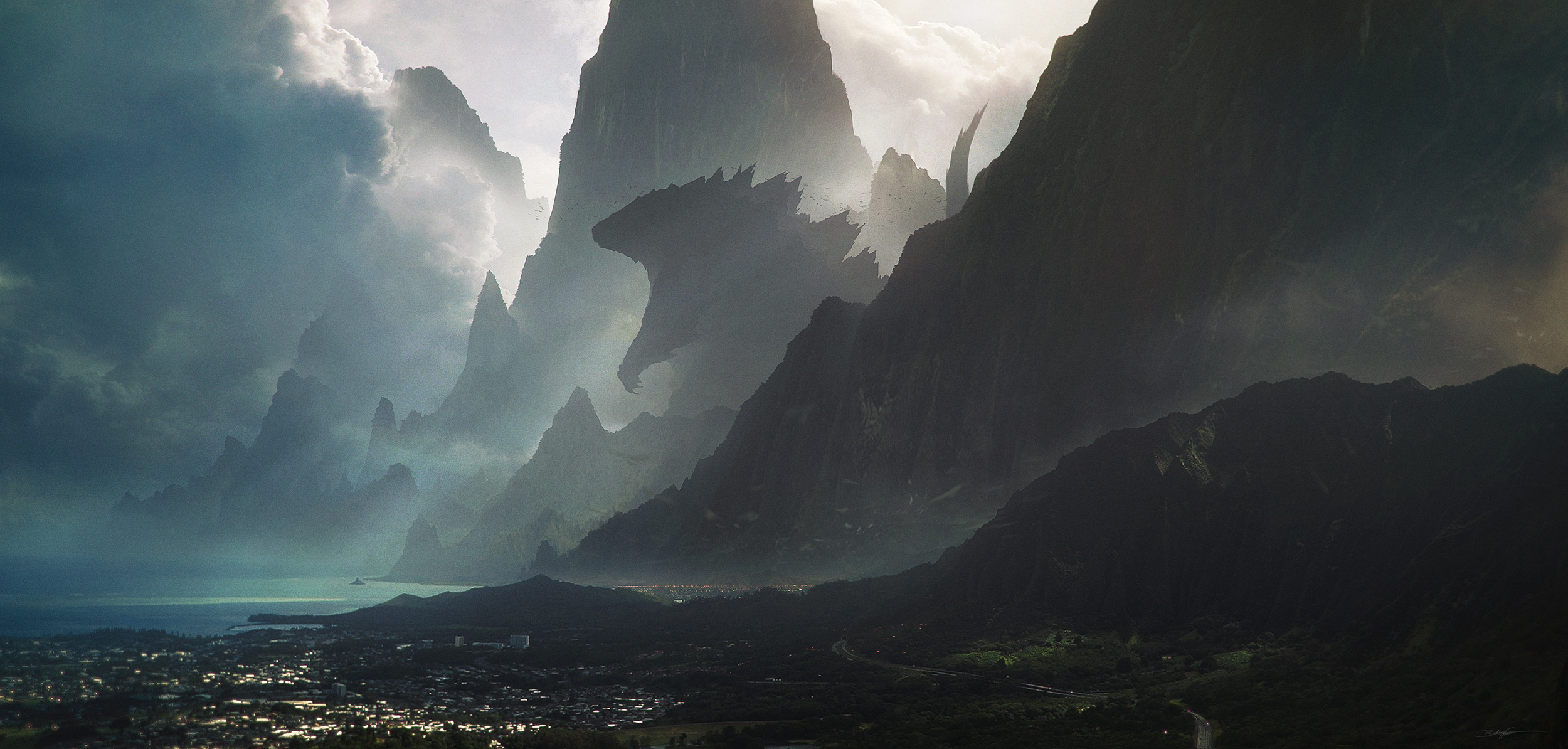 Godzilla in a mountainous landscape HD Wallpaper