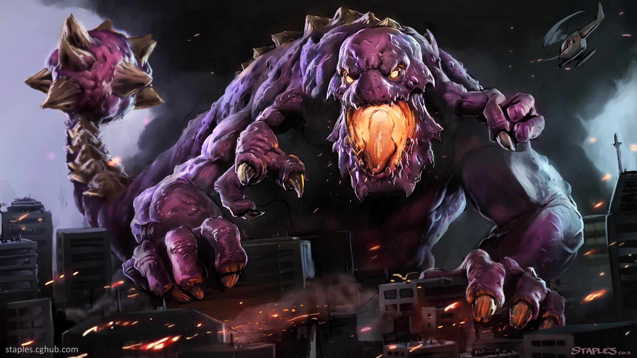 Giant purple monster attacking city HD Wallpaper