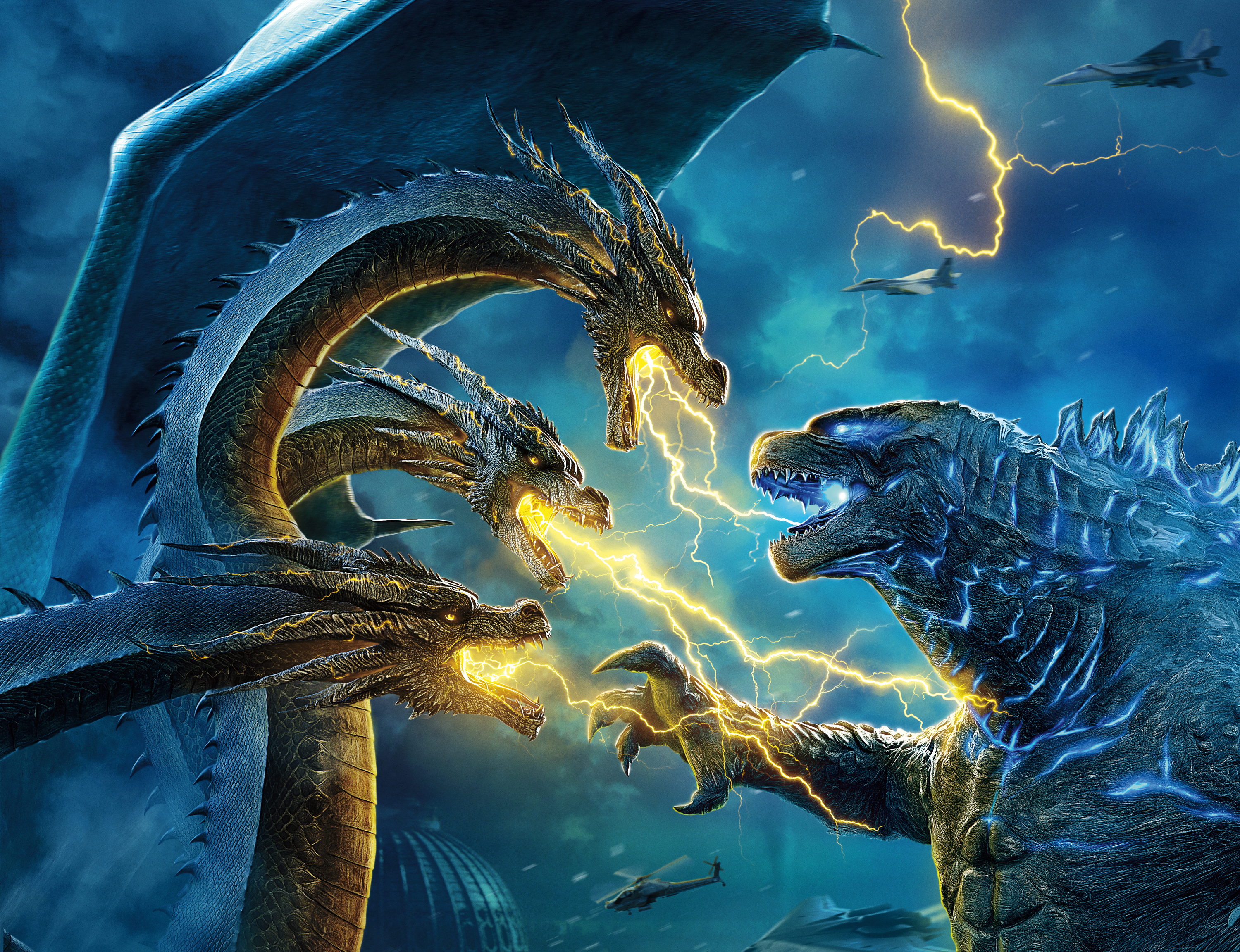 Godzilla vs. King Ghidorah with jets HD Wallpaper