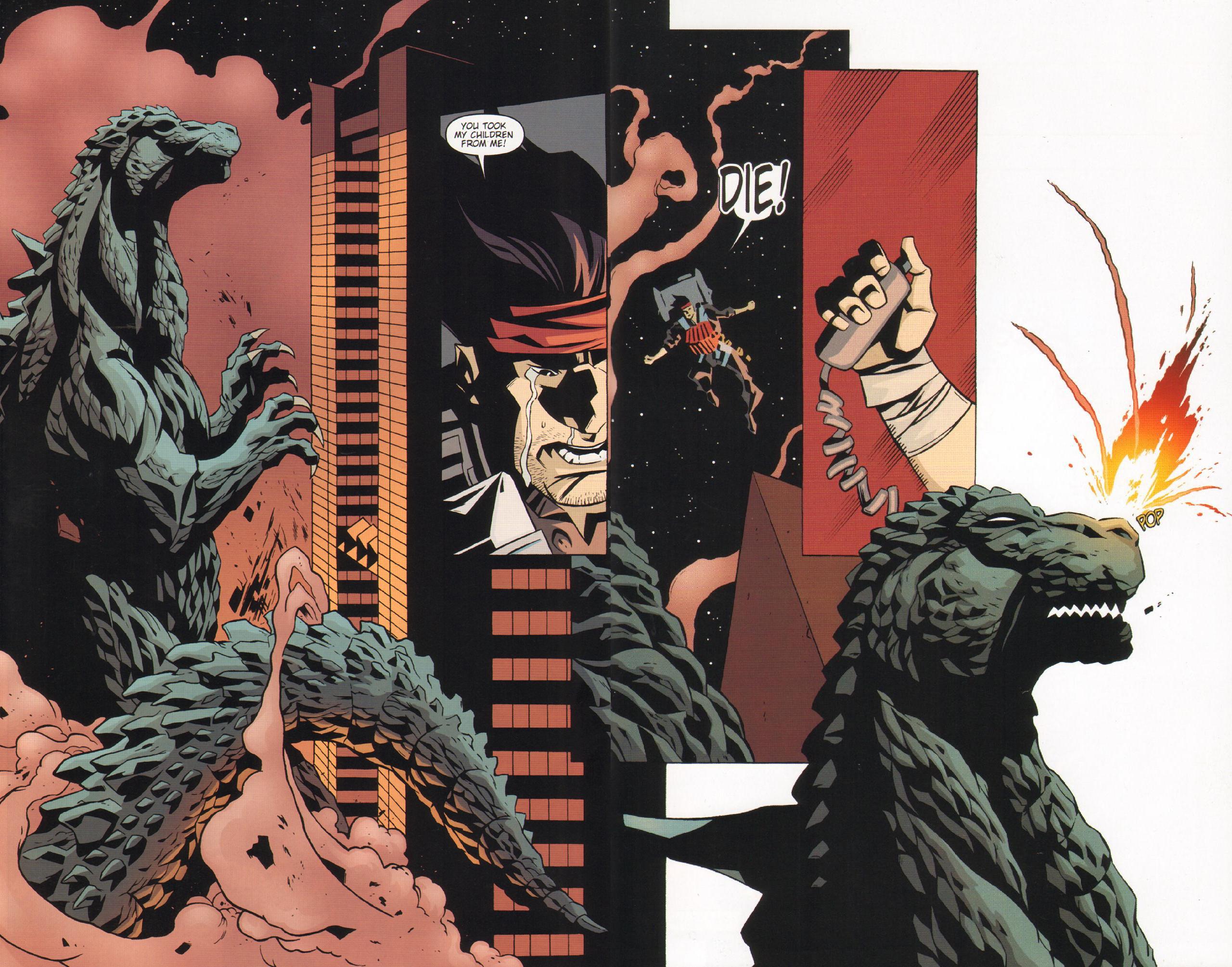 Godzilla attacking a city with a crying man HD Wallpaper