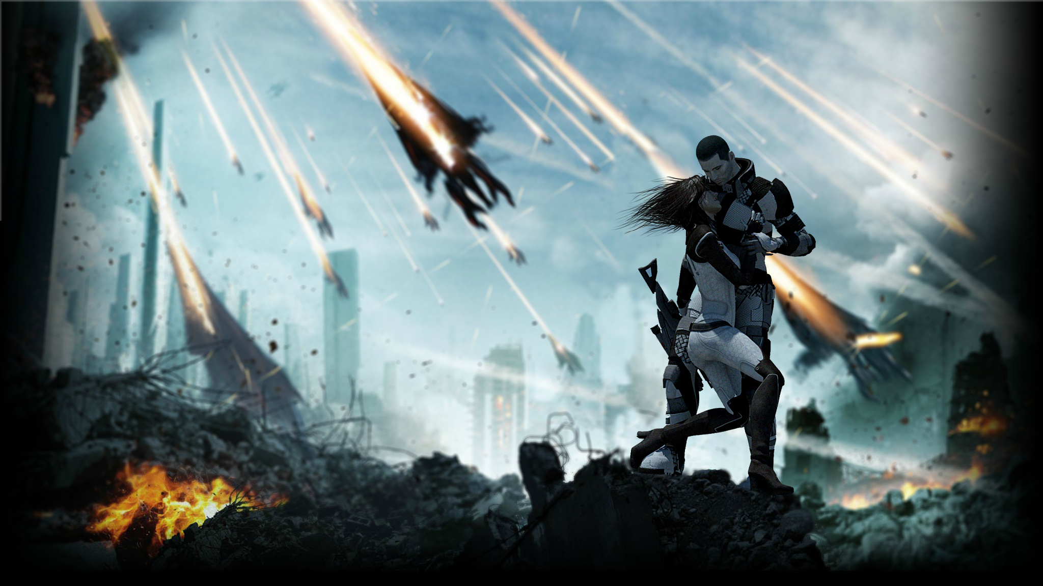 Commander Shepard in Mass Effect during an attack HD Wallpaper