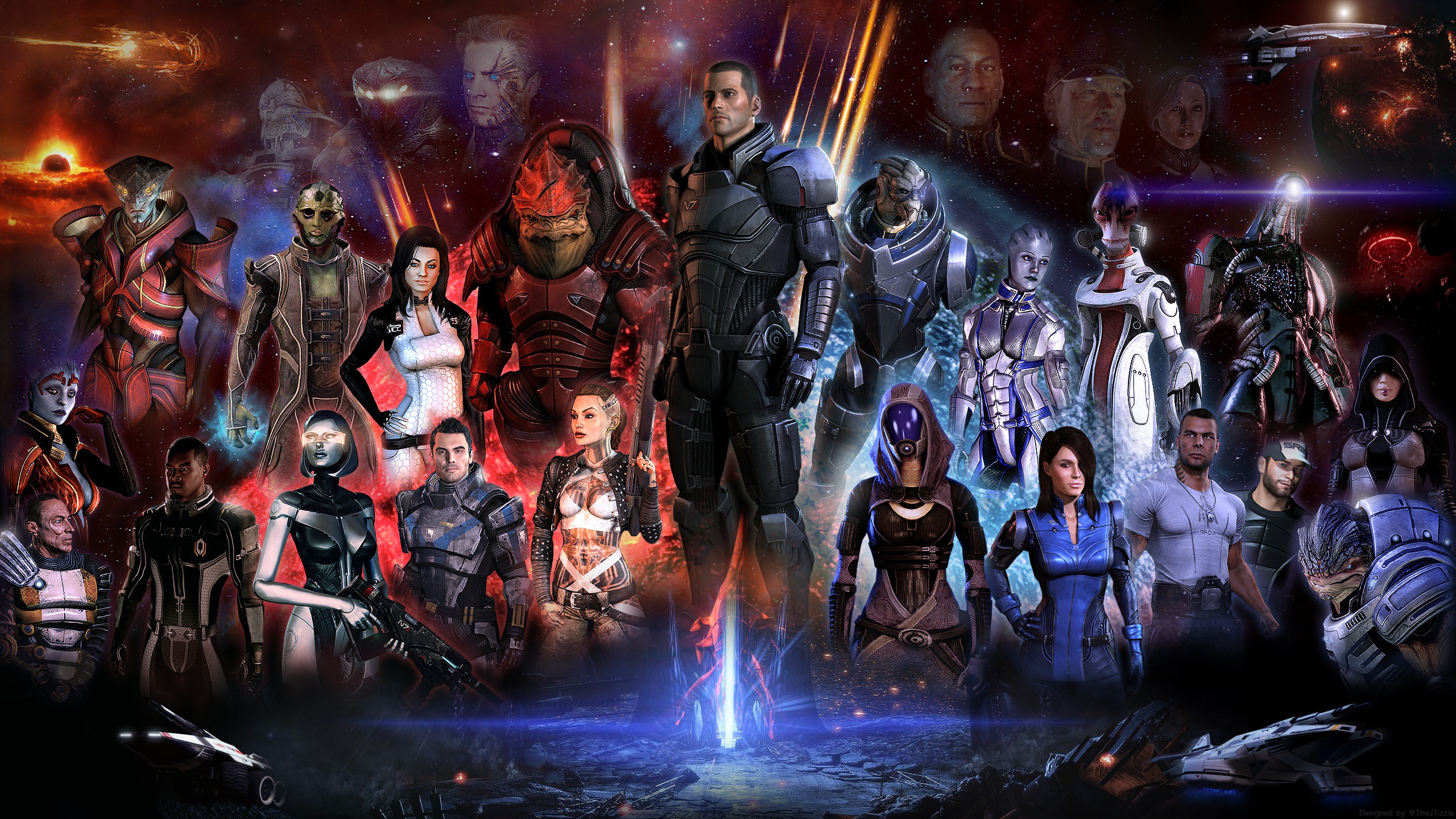 Mass Effect characters in a space battle scene HD Wallpaper