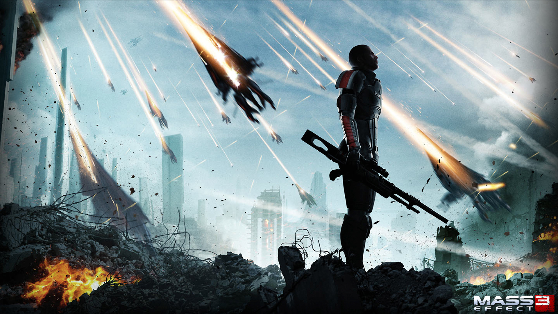 Commander Shepard from Mass Effect 3 in a destroyed city HD Wallpaper