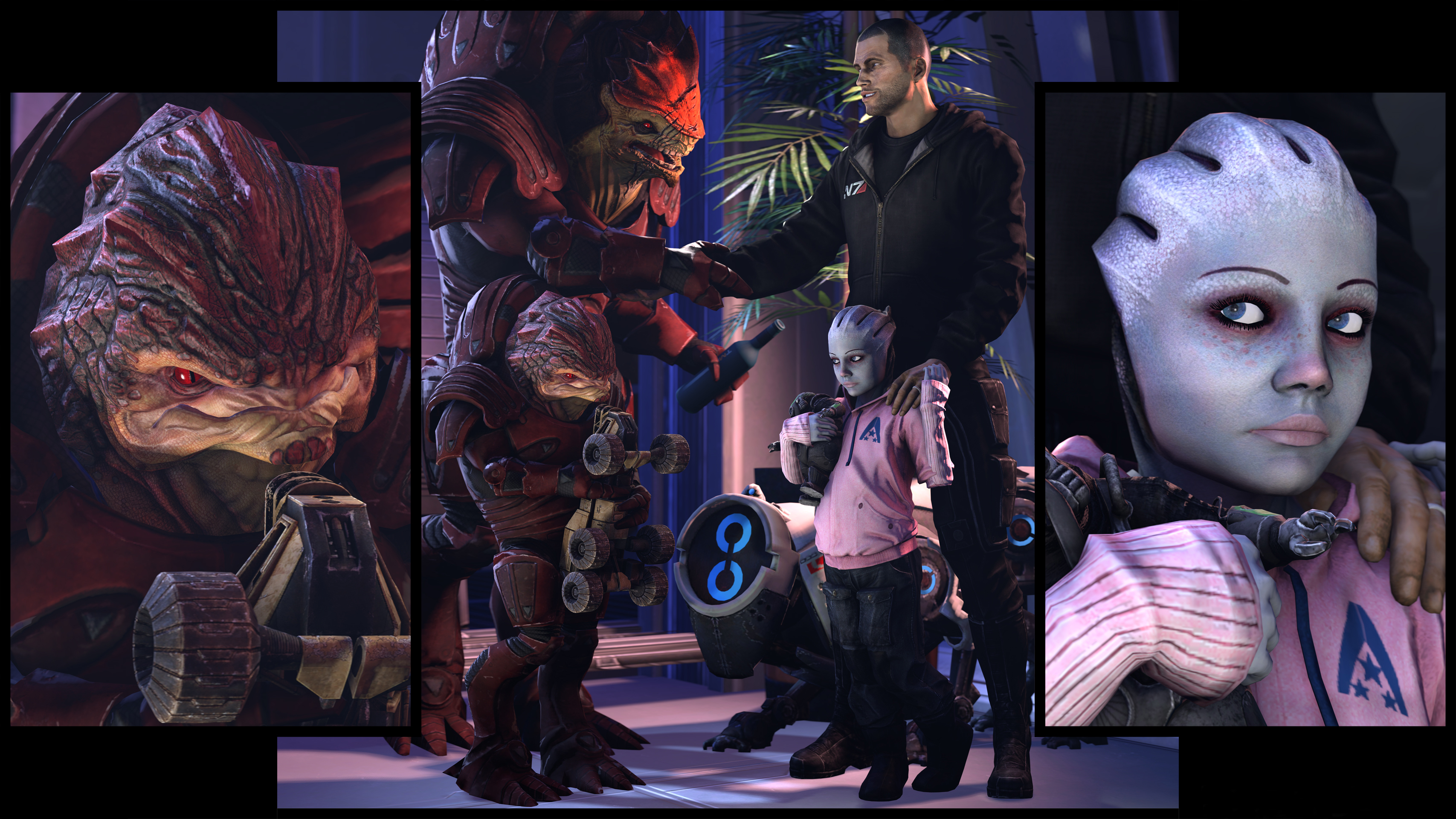 Commander Shepard with Krogan and Asari family HD Wallpaper