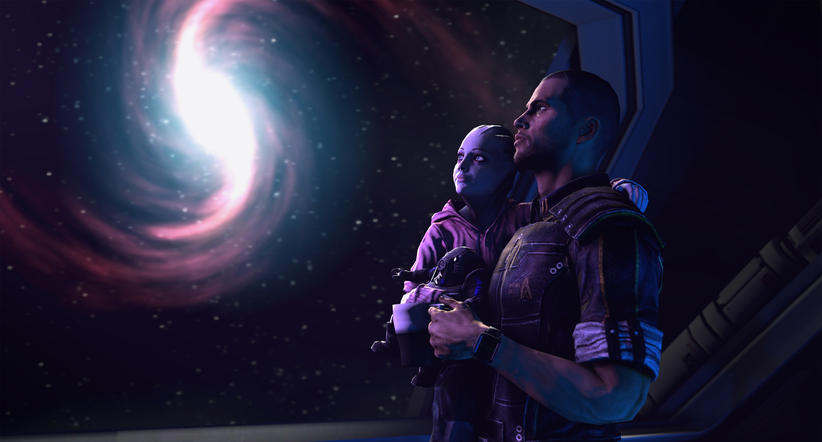 Commander Shepard and Liara T'Soni looking at a galaxy HD Wallpaper