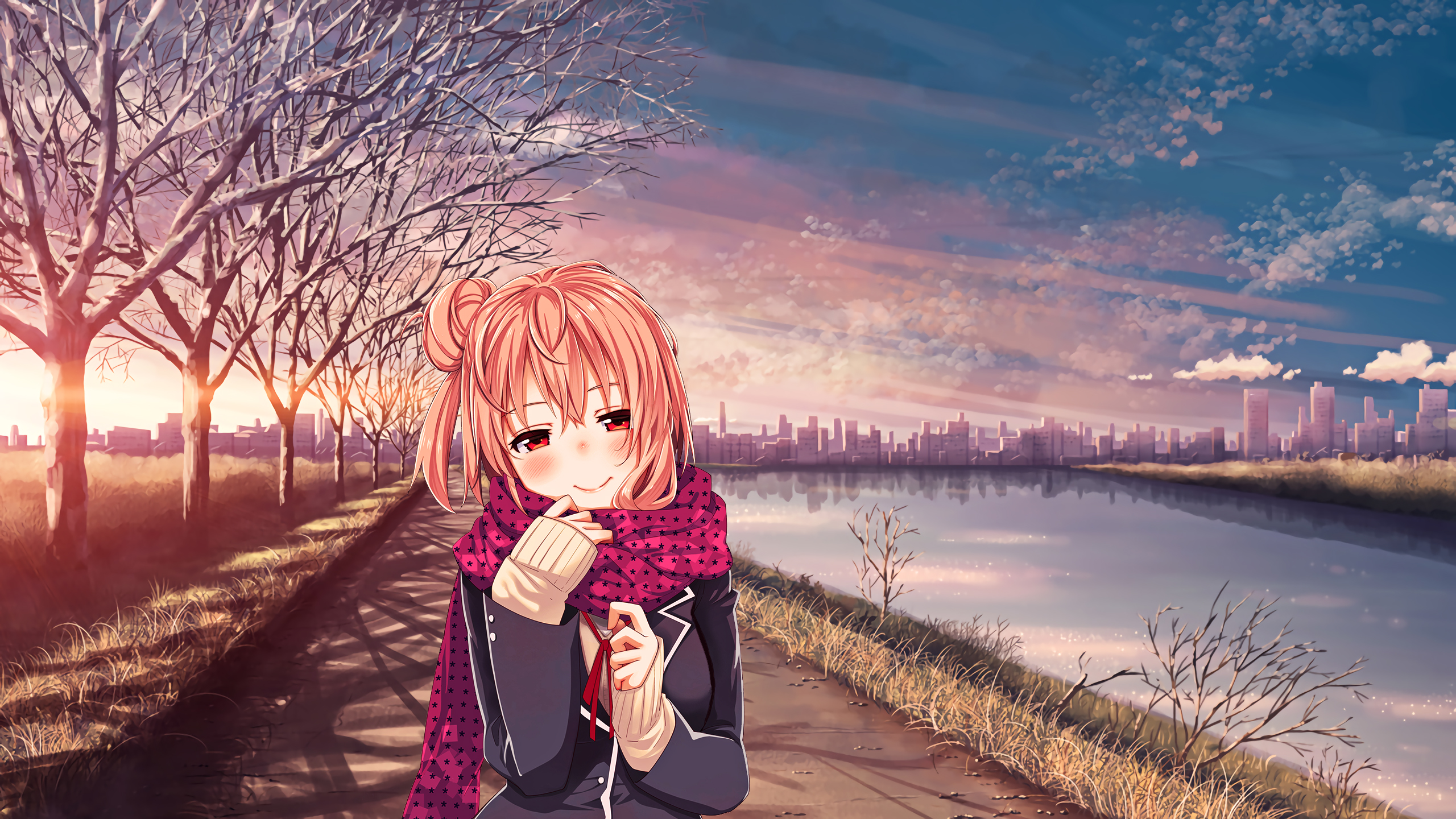 Yui Yuigahama walking by a river at sunset HD Wallpaper