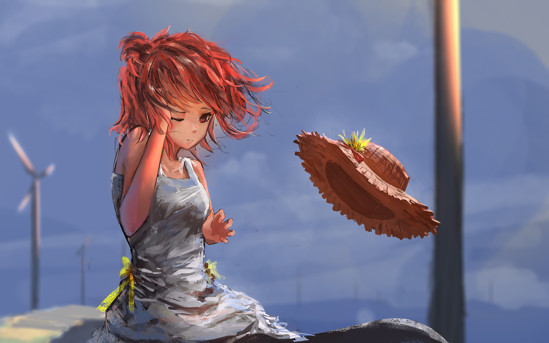Girl with red hair and a straw hat in the wind HD Wallpaper