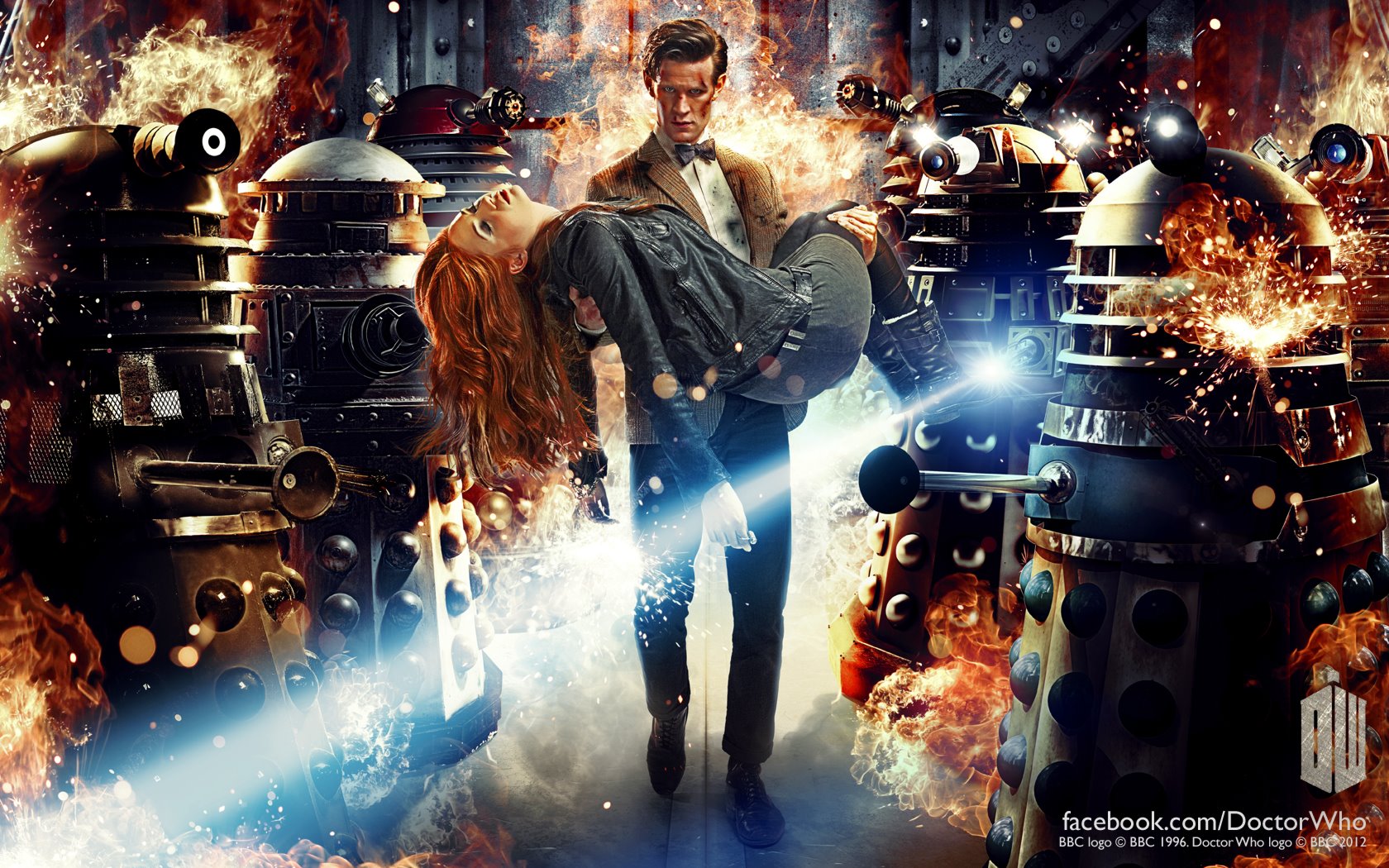 Doctor Who: The Eleventh Doctor carrying Amy Pond amidst Daleks and fire HD Wallpaper