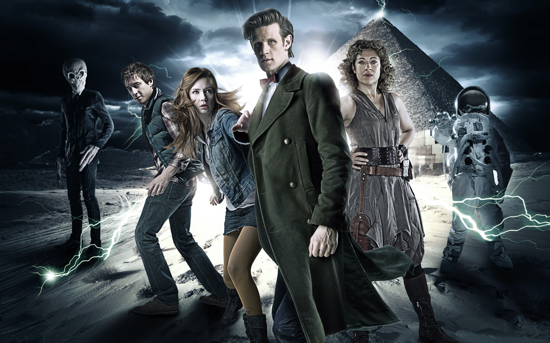 Doctor Who characters in front of a pyramid HD Wallpaper