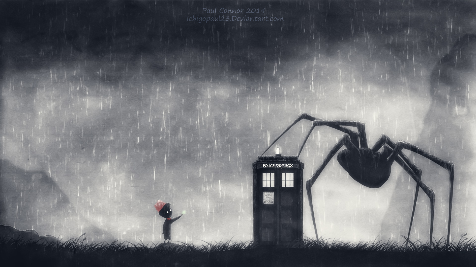 Child and giant spider near TARDIS in rain HD Wallpaper