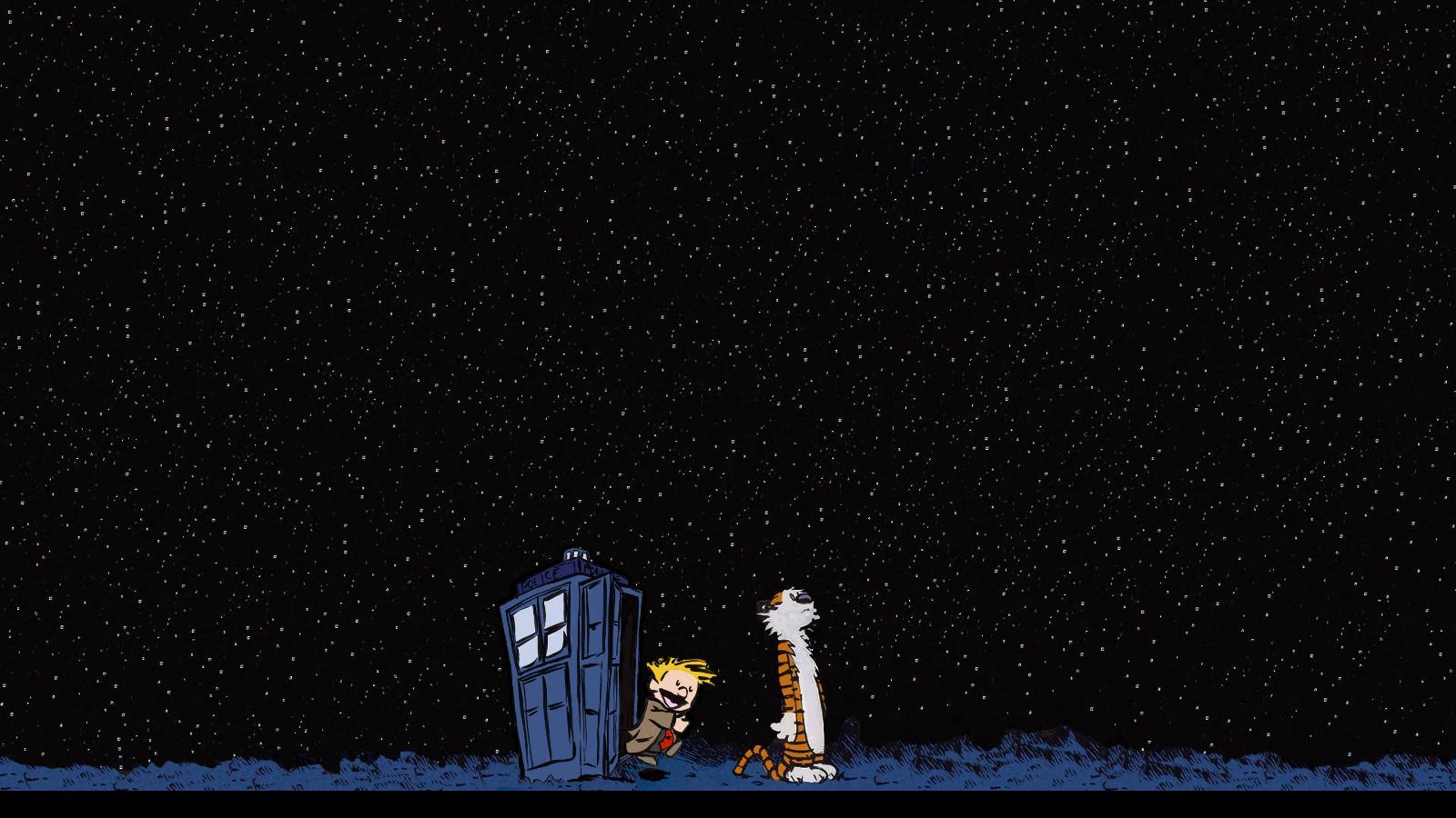 Calvin and Hobbes with the TARDIS from Doctor Who HD Wallpaper