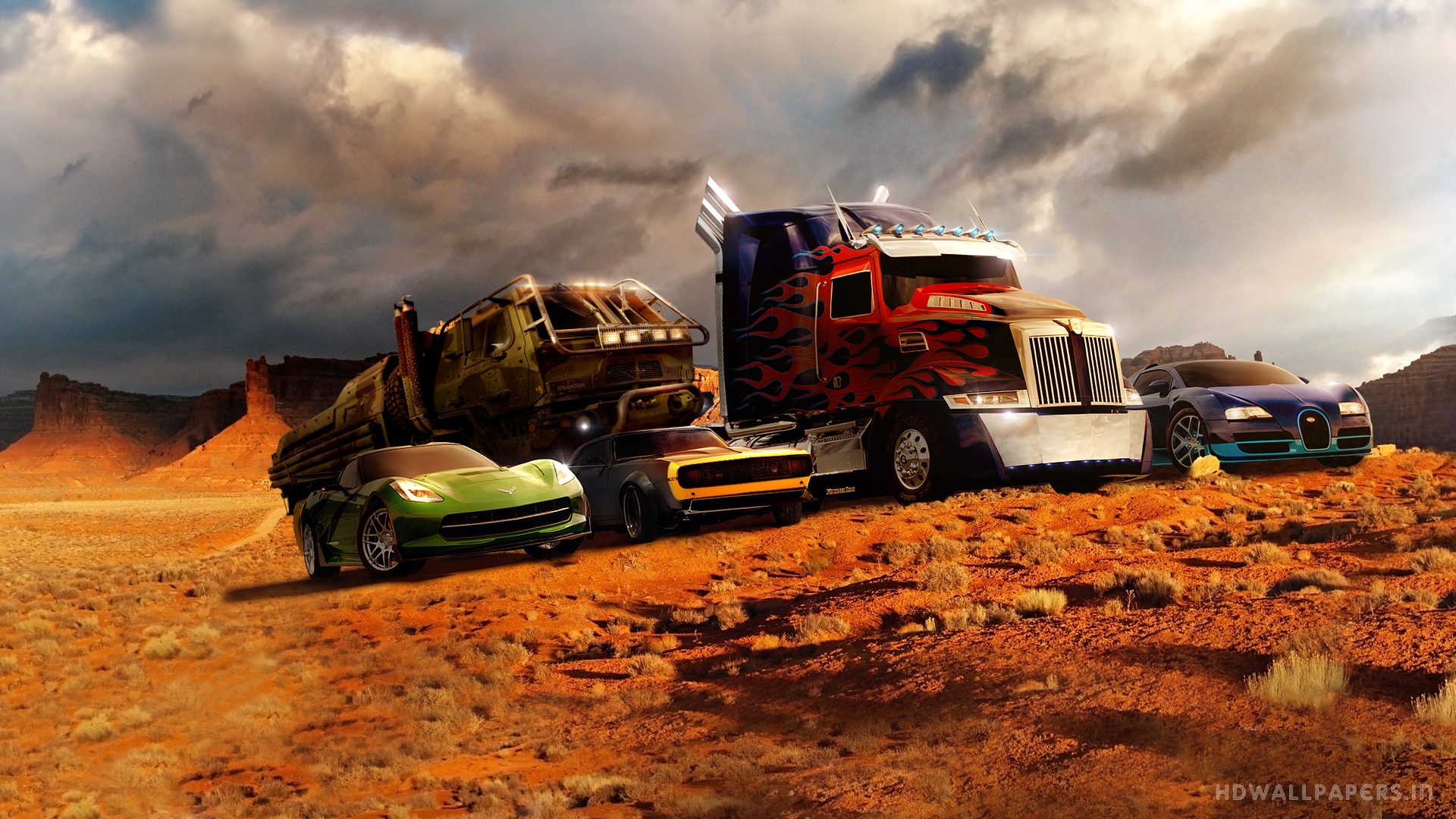 Optimus Prime and other Transformers in a desert HD Wallpaper