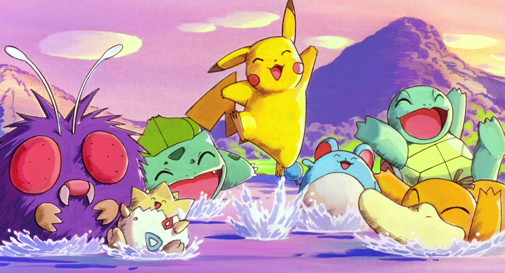 Pokemon characters playing in water with mountains in background HD Wallpaper