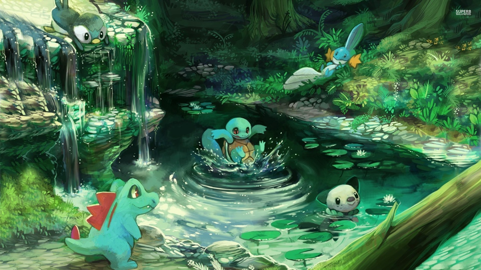 Pokemon: Totodile, Piplup, Squirtle, Mudkip, and Oshawott by Waterfall HD Wallpaper