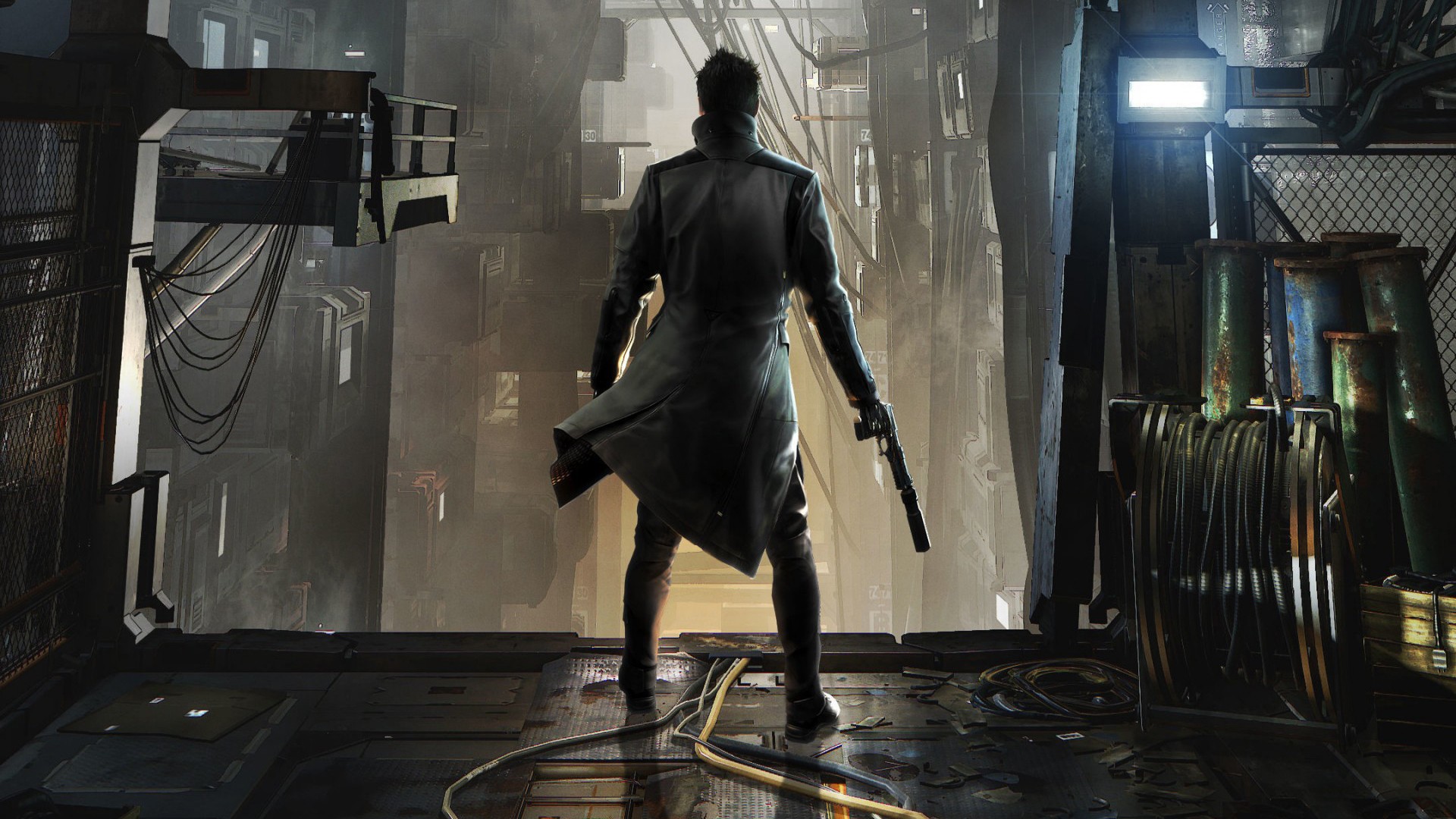 Adam Jensen with futuristic gun in industrial setting HD Wallpaper