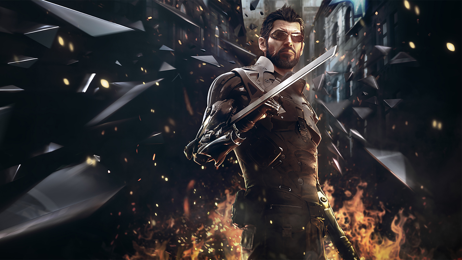 Adam Jensen from Deus Ex holding a sword HD Wallpaper