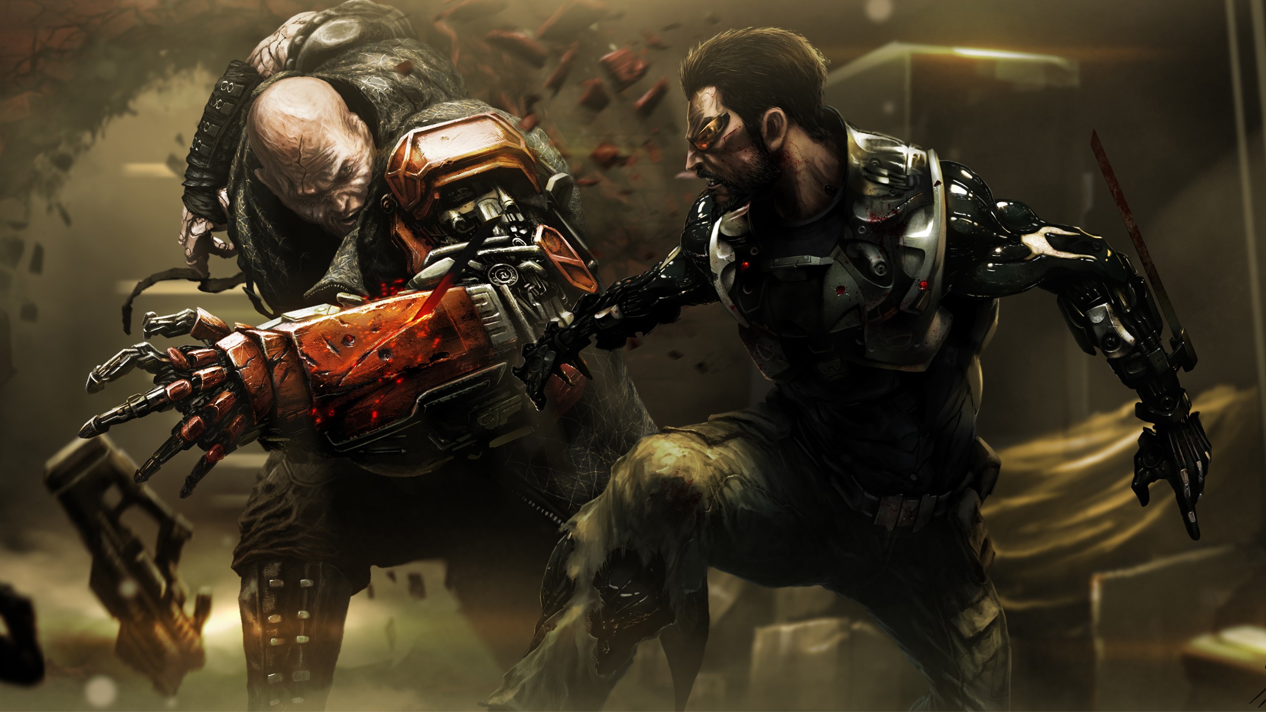 Adam Jensen fighting a cyborg enemy HD Wallpaper