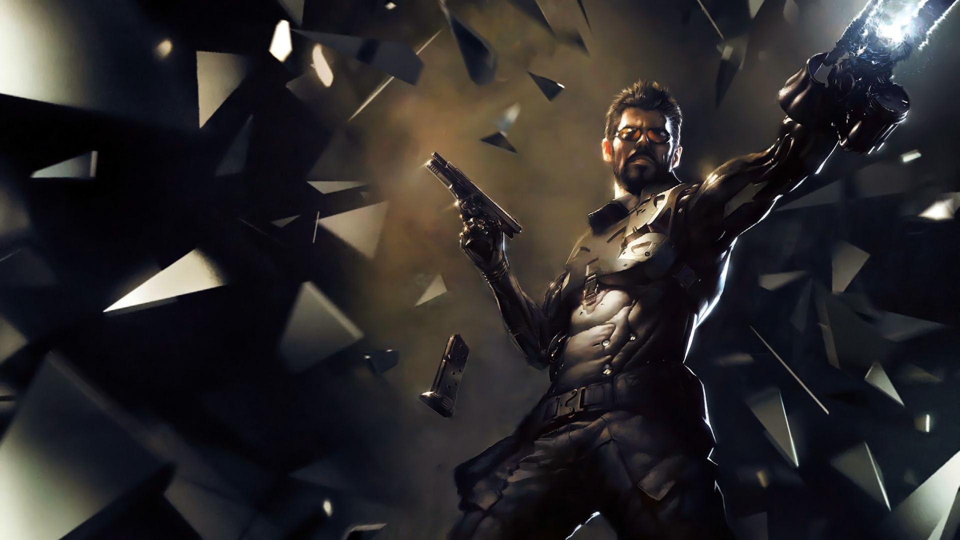 Adam Jensen from Deus Ex holding guns HD Wallpaper