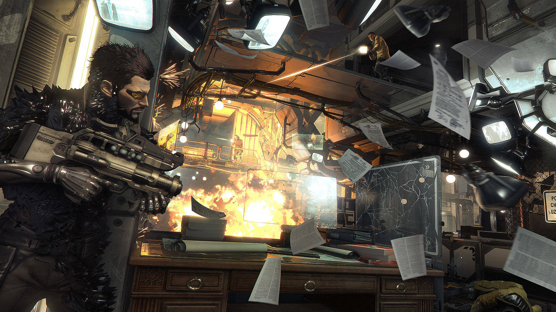 Adam Jensen from Deus Ex in a chaotic office HD Wallpaper