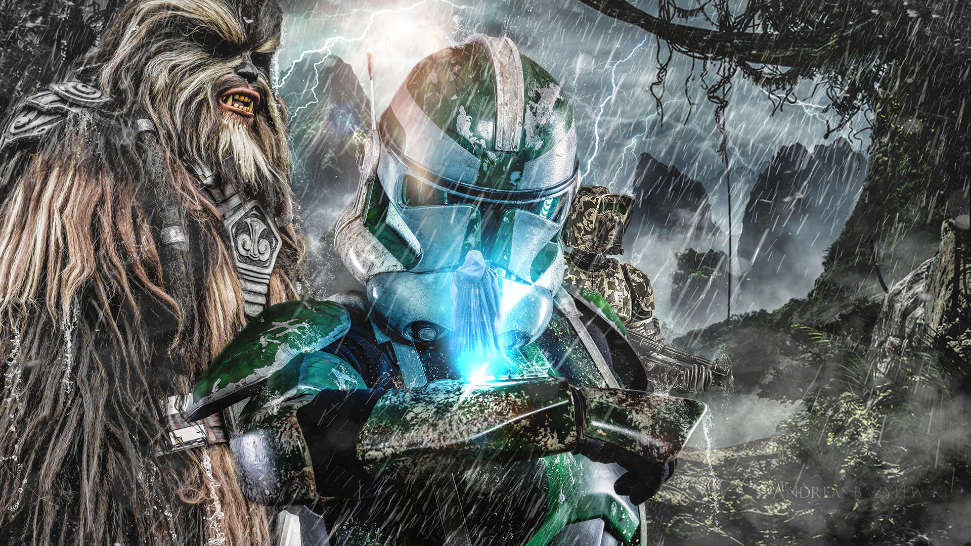 Chewbacca and Clone Troopers in a Stormy Jungle HD Wallpaper