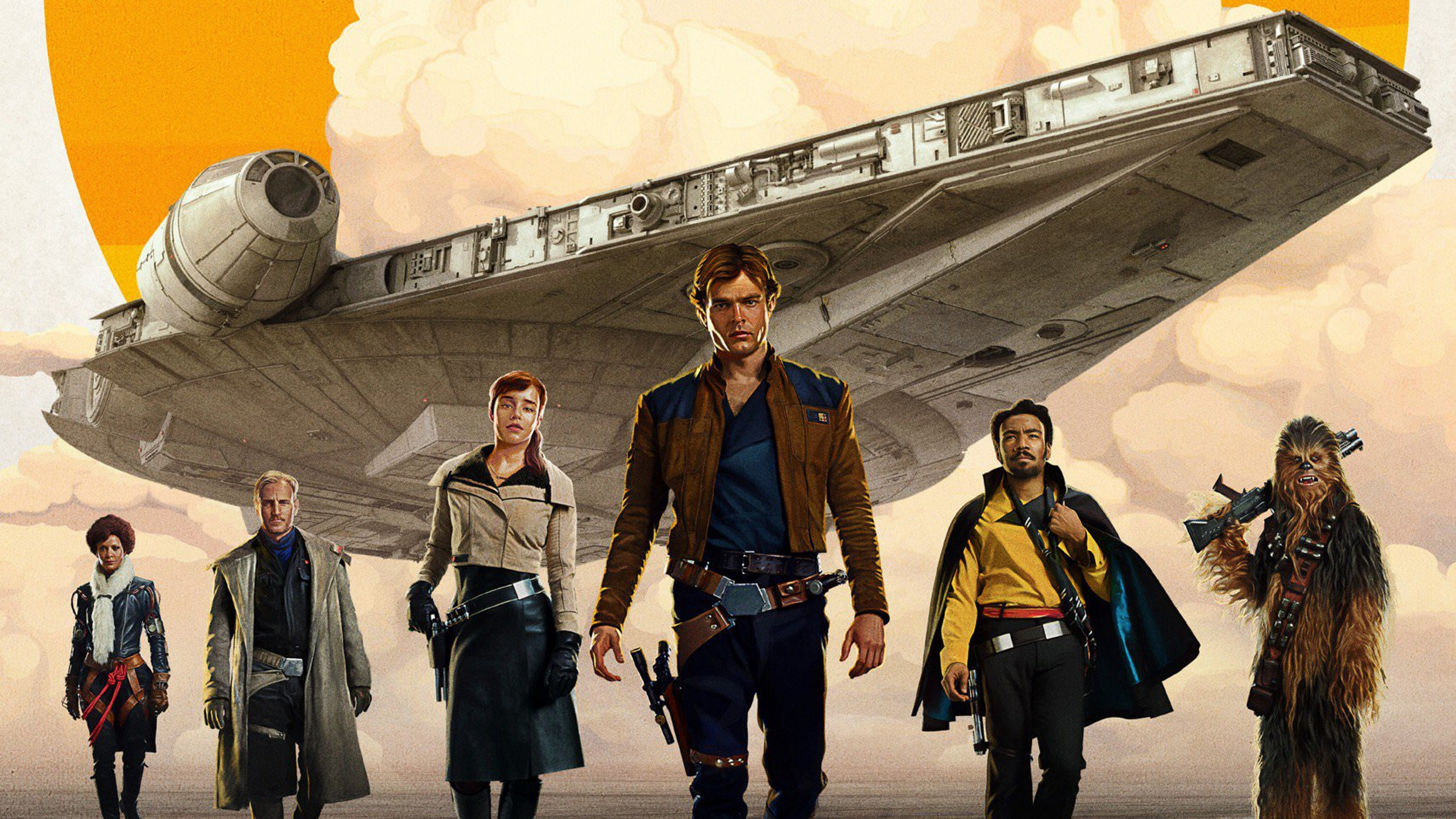 Characters from Solo: A Star Wars Story with the Millennium Falcon HD Wallpaper