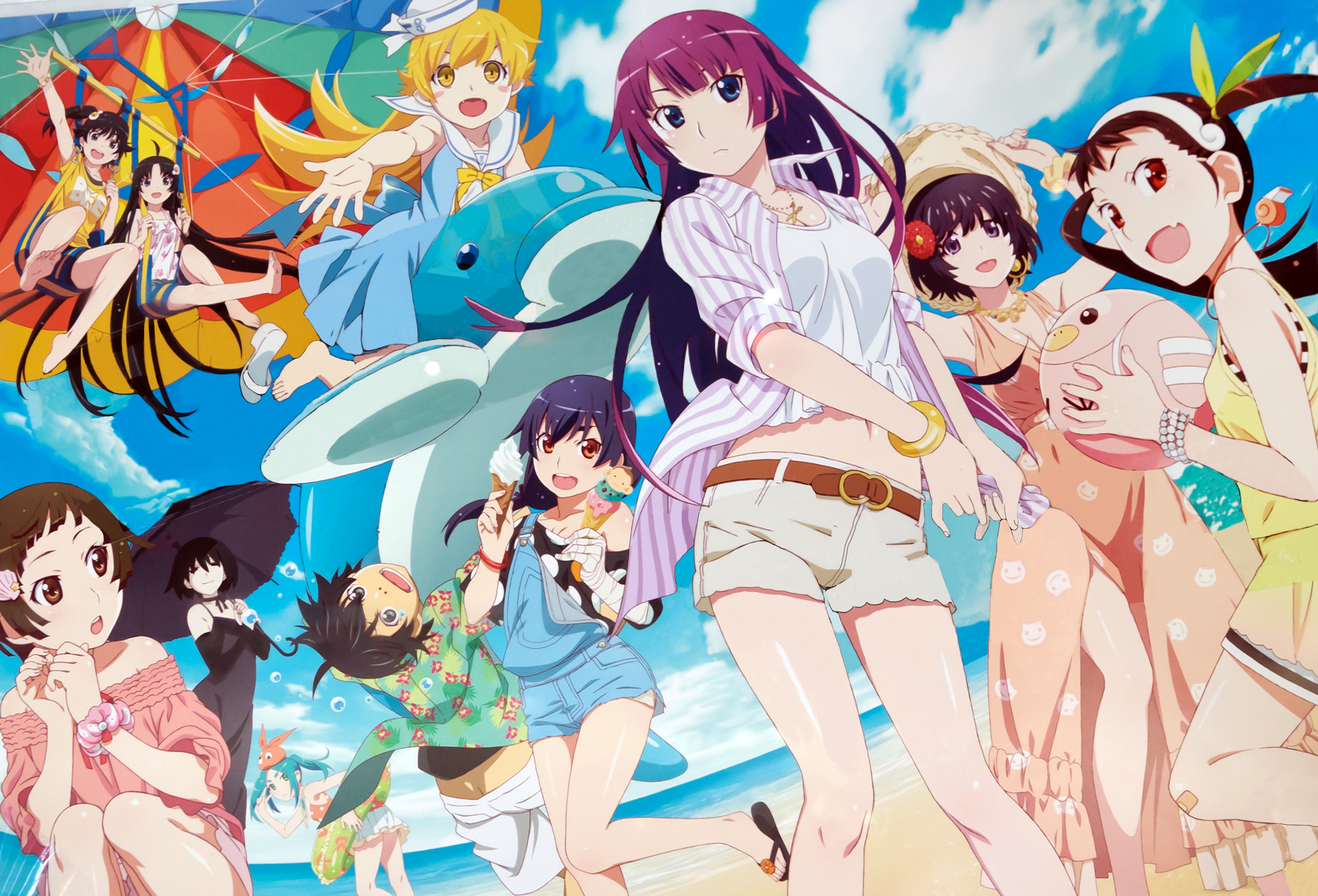 Nadeko Sengoku and friends at the beach HD Wallpaper