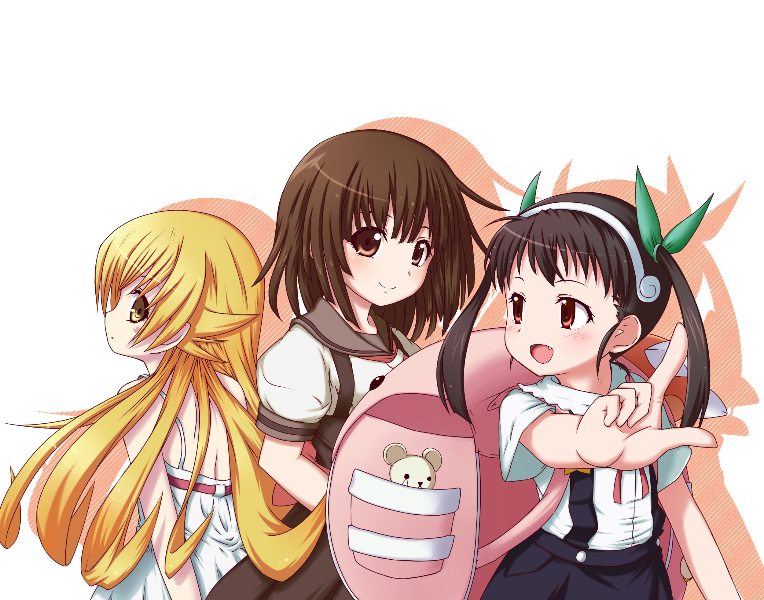 Nadeko Sengoku and two girls with a backpack HD Wallpaper