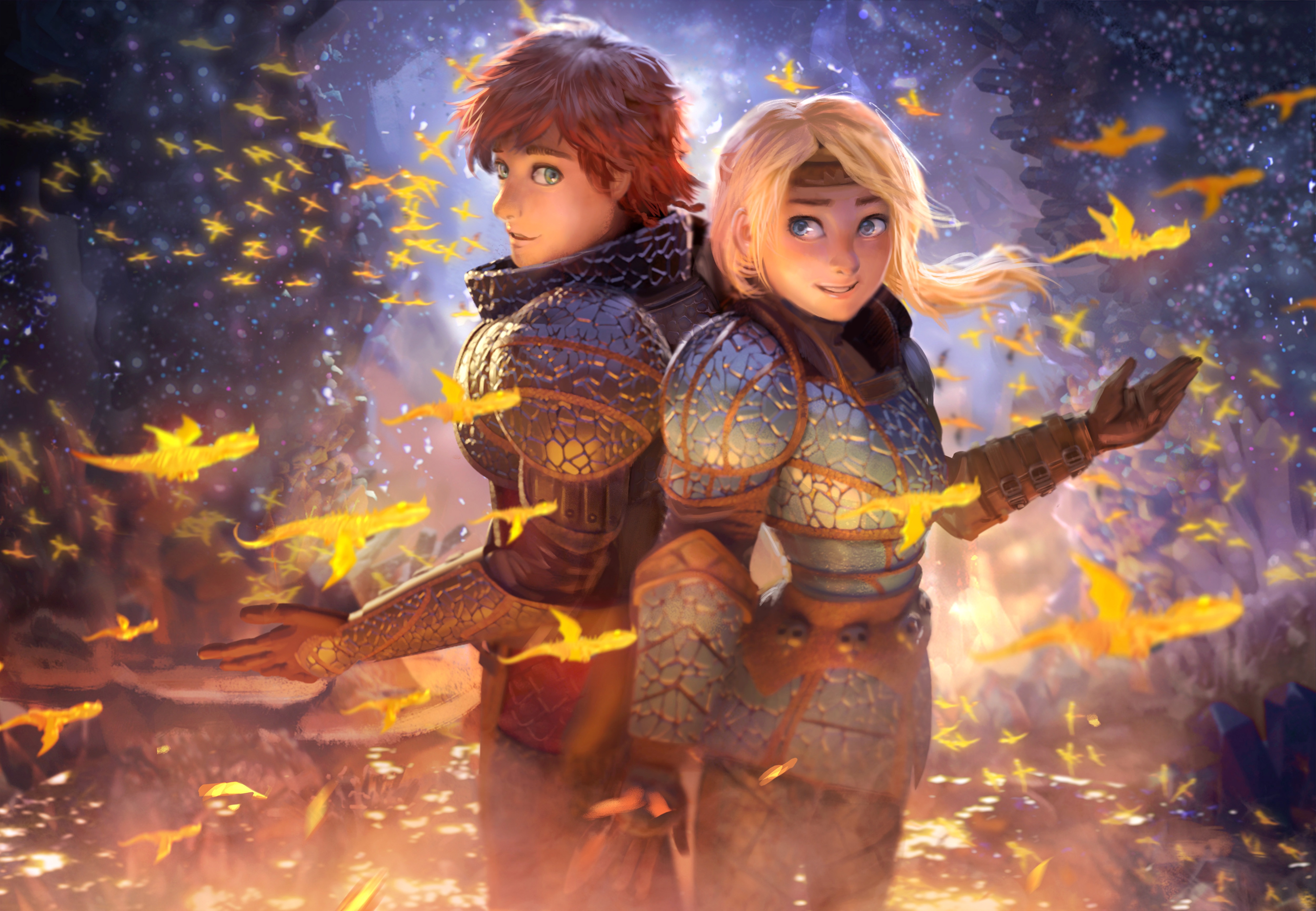 Hiccup and Astrid with dragons HD Wallpaper