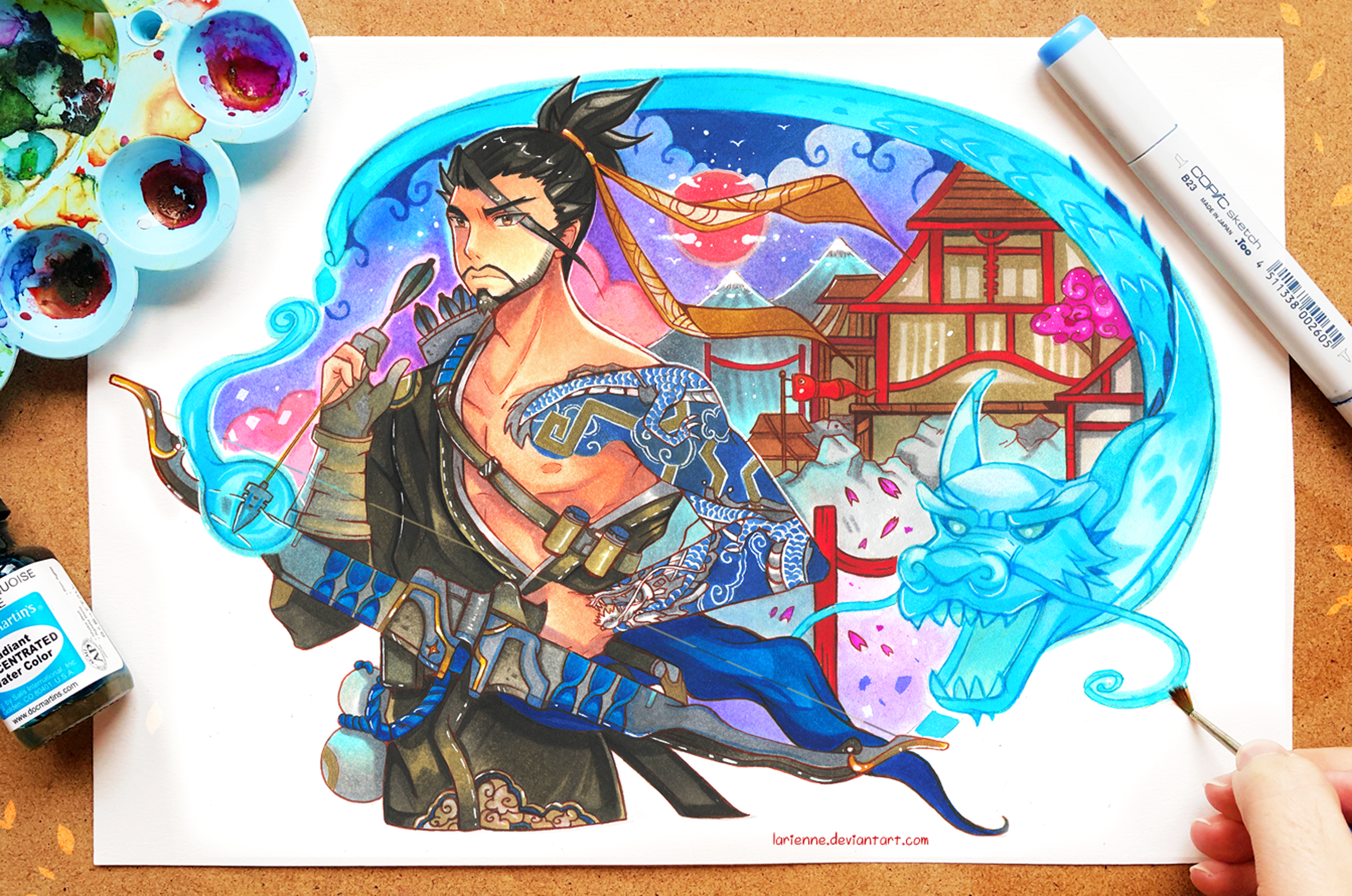 Hanzo from Overwatch with a blue dragon and Japanese village HD Wallpaper