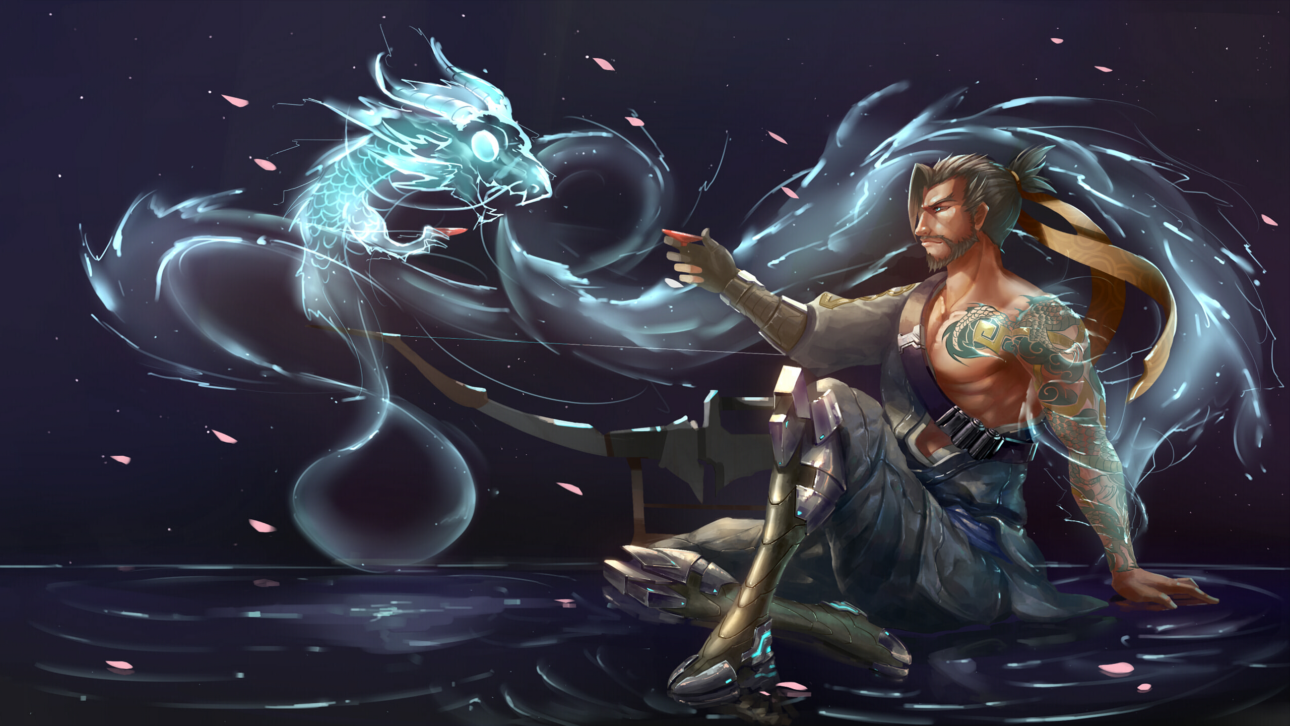Hanzo from Overwatch with a spirit dragon HD Wallpaper