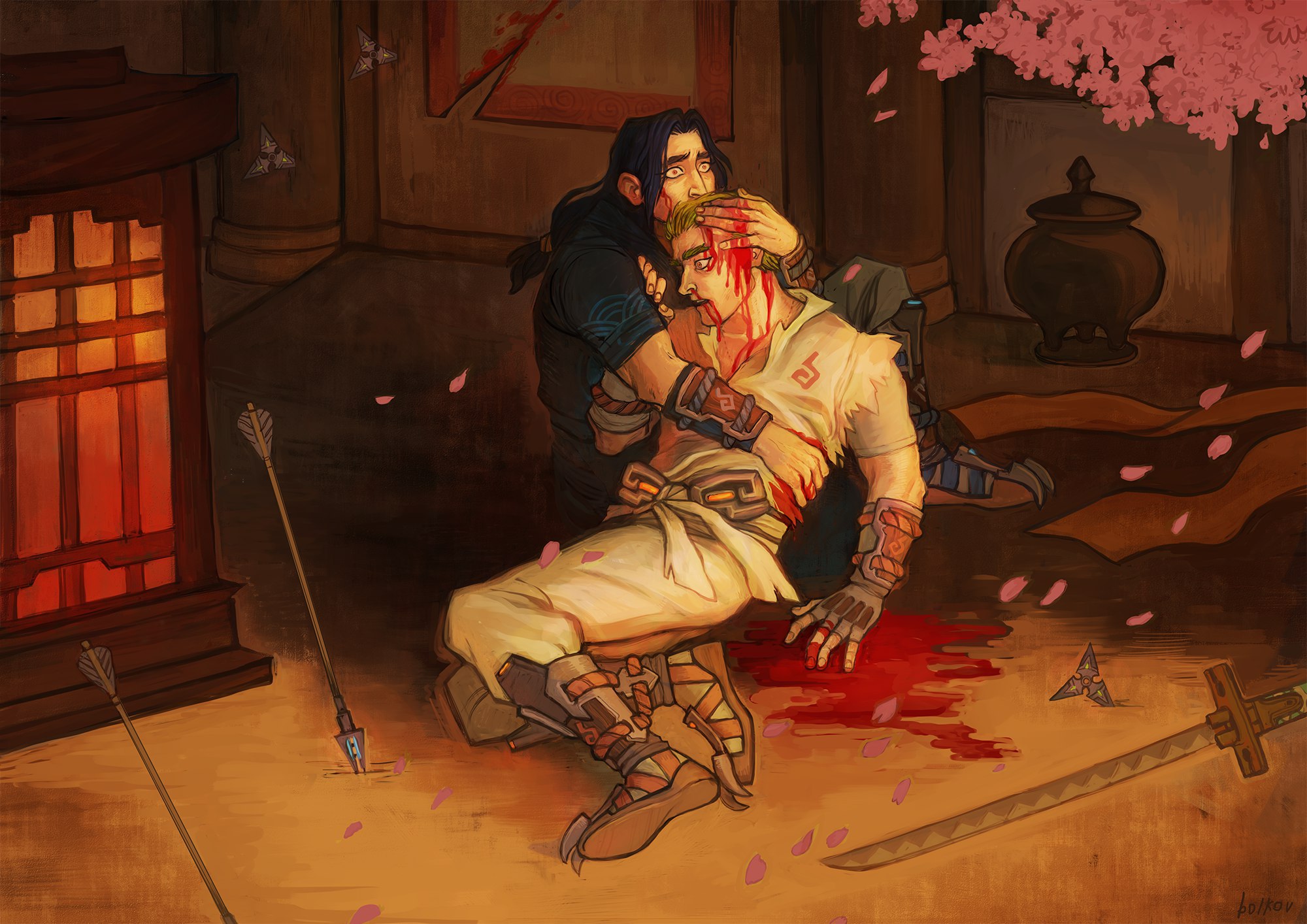 Hanzo from Overwatch holding a wounded man HD Wallpaper