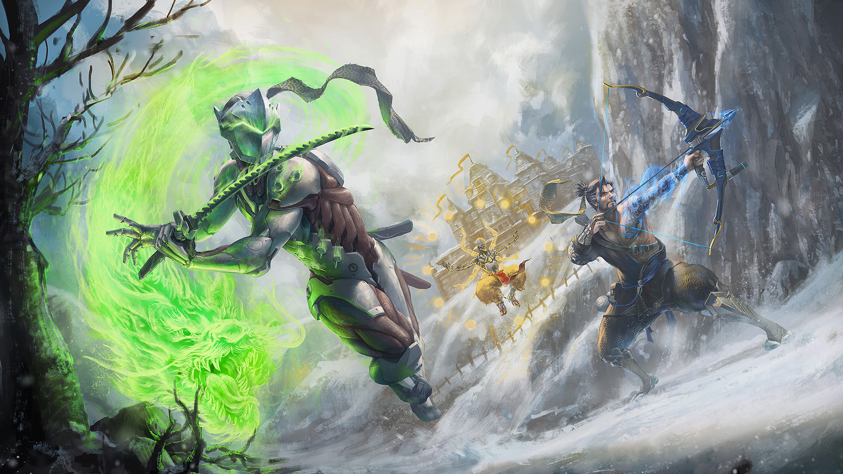 Genji and Hanzo from Overwatch in a snowy landscape HD Wallpaper
