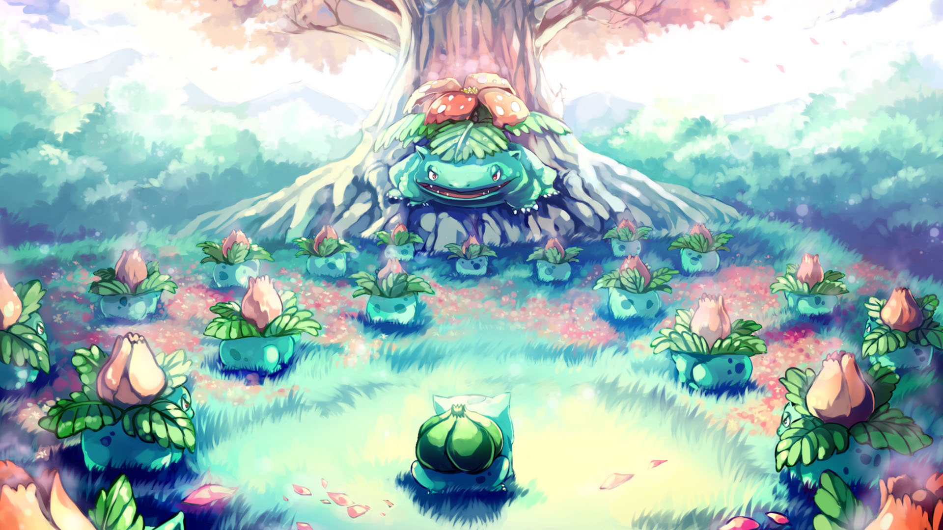 Bulbasaur and many young Bulbasaur in a forest HD Wallpaper