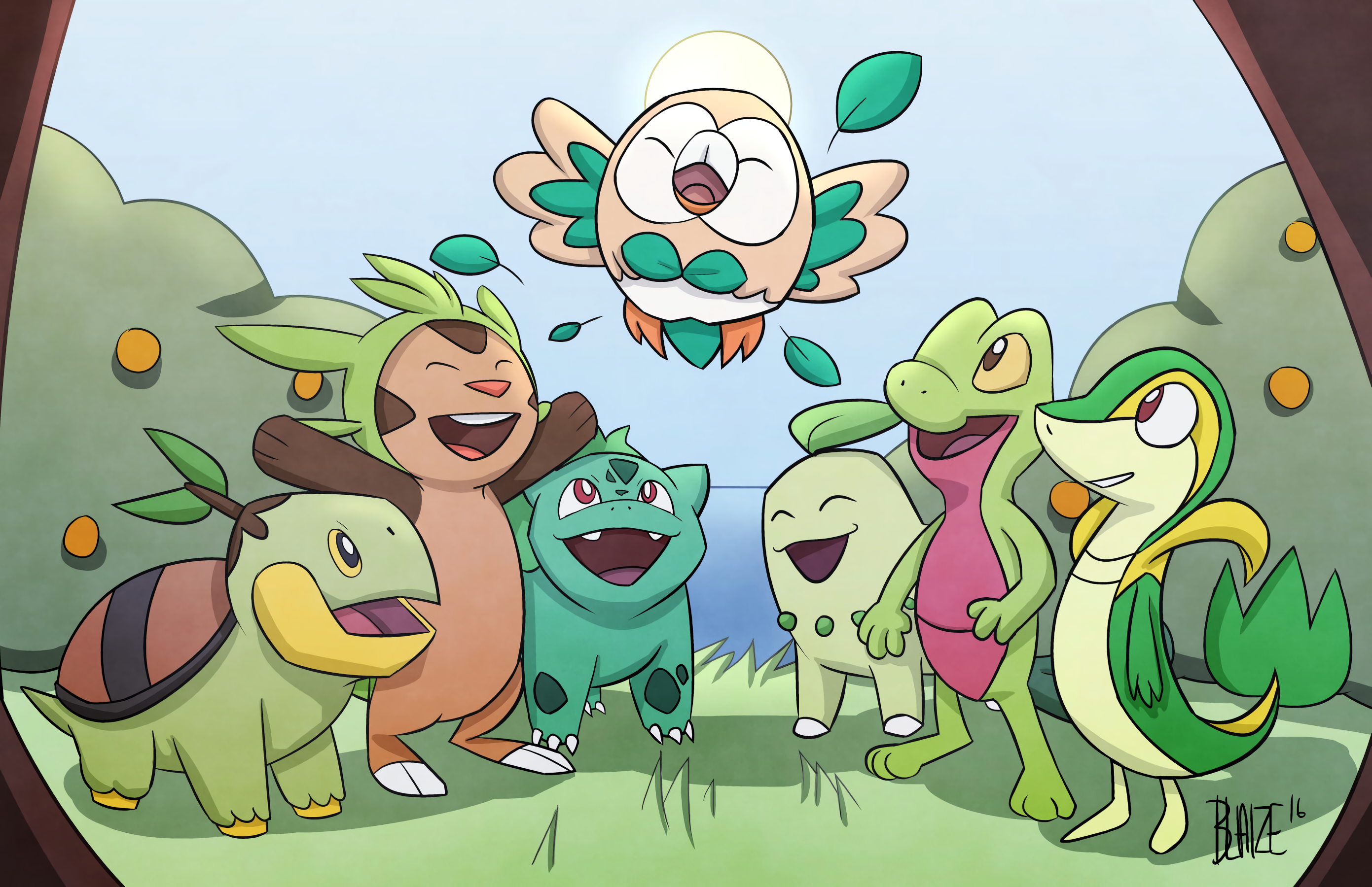 Pokemon: Rowlet, Chespin, Turtwig, Bulbasaur, Treecko, Chikorita, Snivy HD Wallpaper