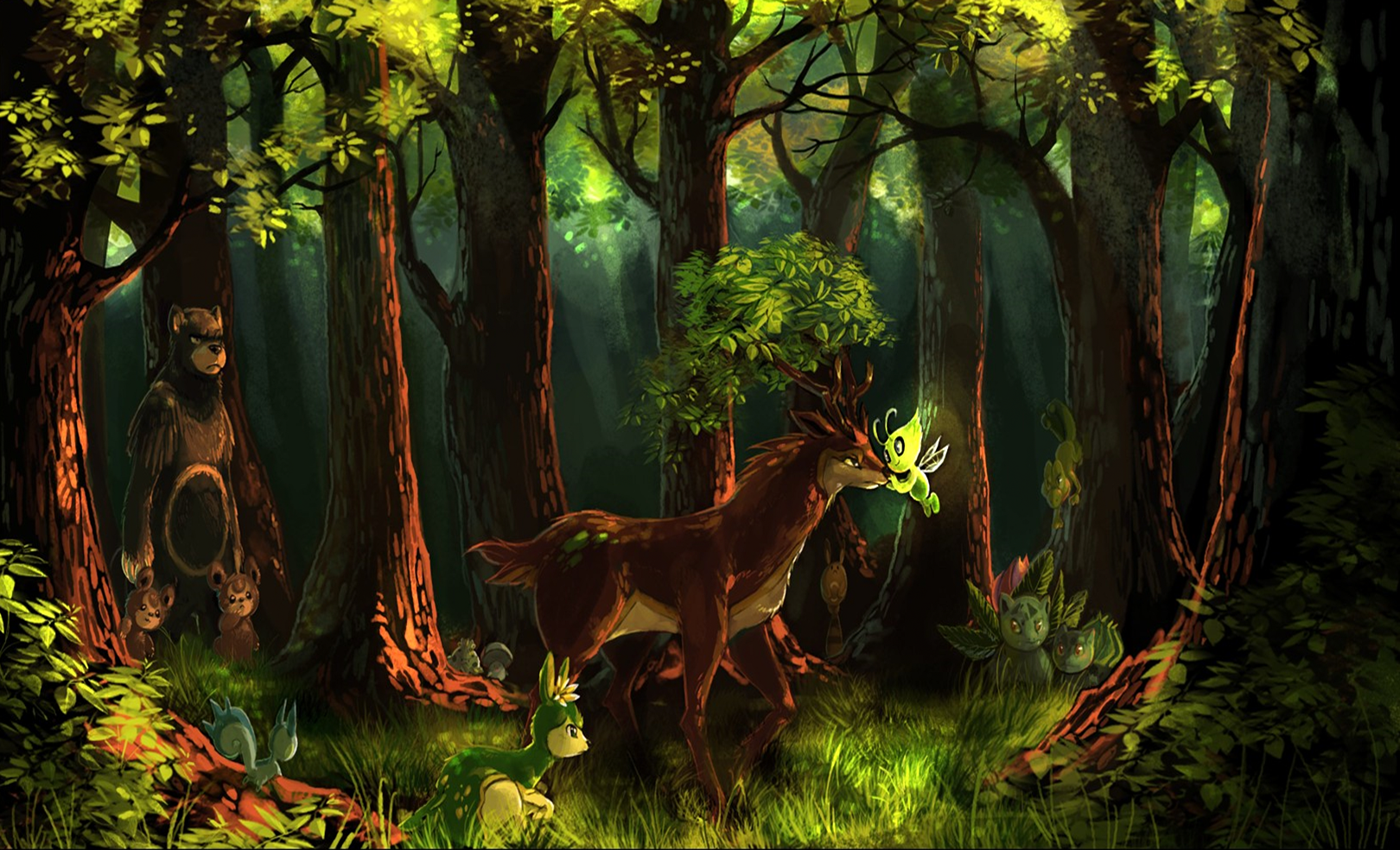 Bulbasaur and friends in a magical forest HD Wallpaper